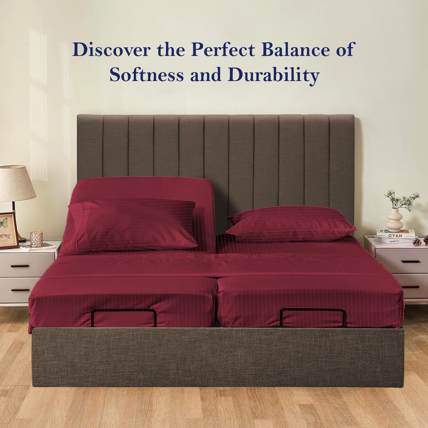 Premium Egyptian Cotton 550-TC, 5-PC Split King Sheet Set – Deep Pocket Fitted Sheets, 25-30" Inch, Split Sheet Set, Burgundy Stripe