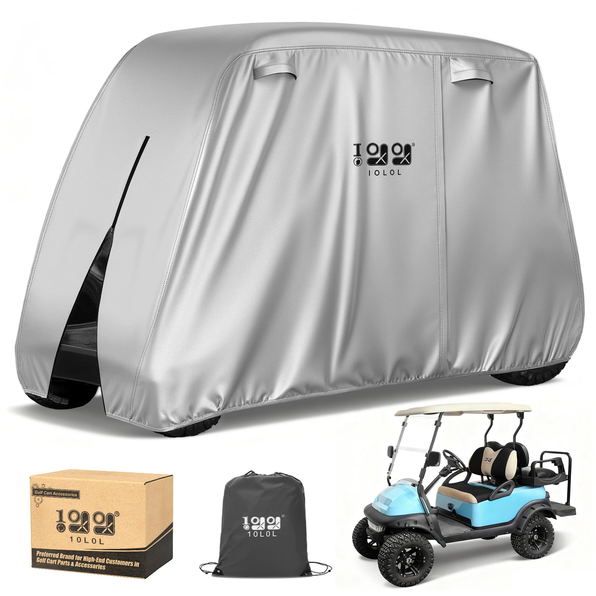 10L0L Funda para carrito de golf de 2/4/4 + 2 pasajeros para Yamaha EZGO Club, 420D, impermeable, duradera, de poliéster, con tres puertas de cremallera, resistente al viento y al sol, color plateado