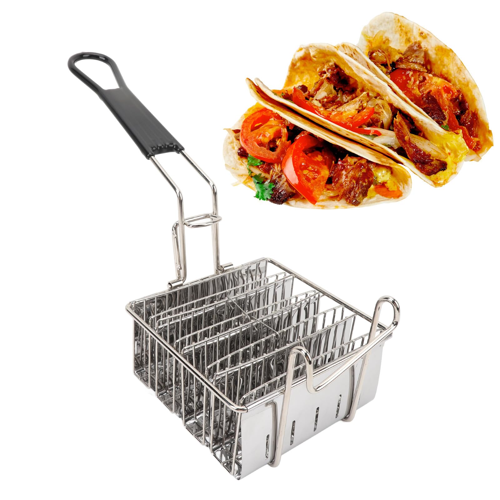 Cesta para freir tacos, cesta de acero inoxidable para tacos con capacidad para 4 tortillas, cesta para freir tacos con asa, utensilio de cocina para burritos y tortillas