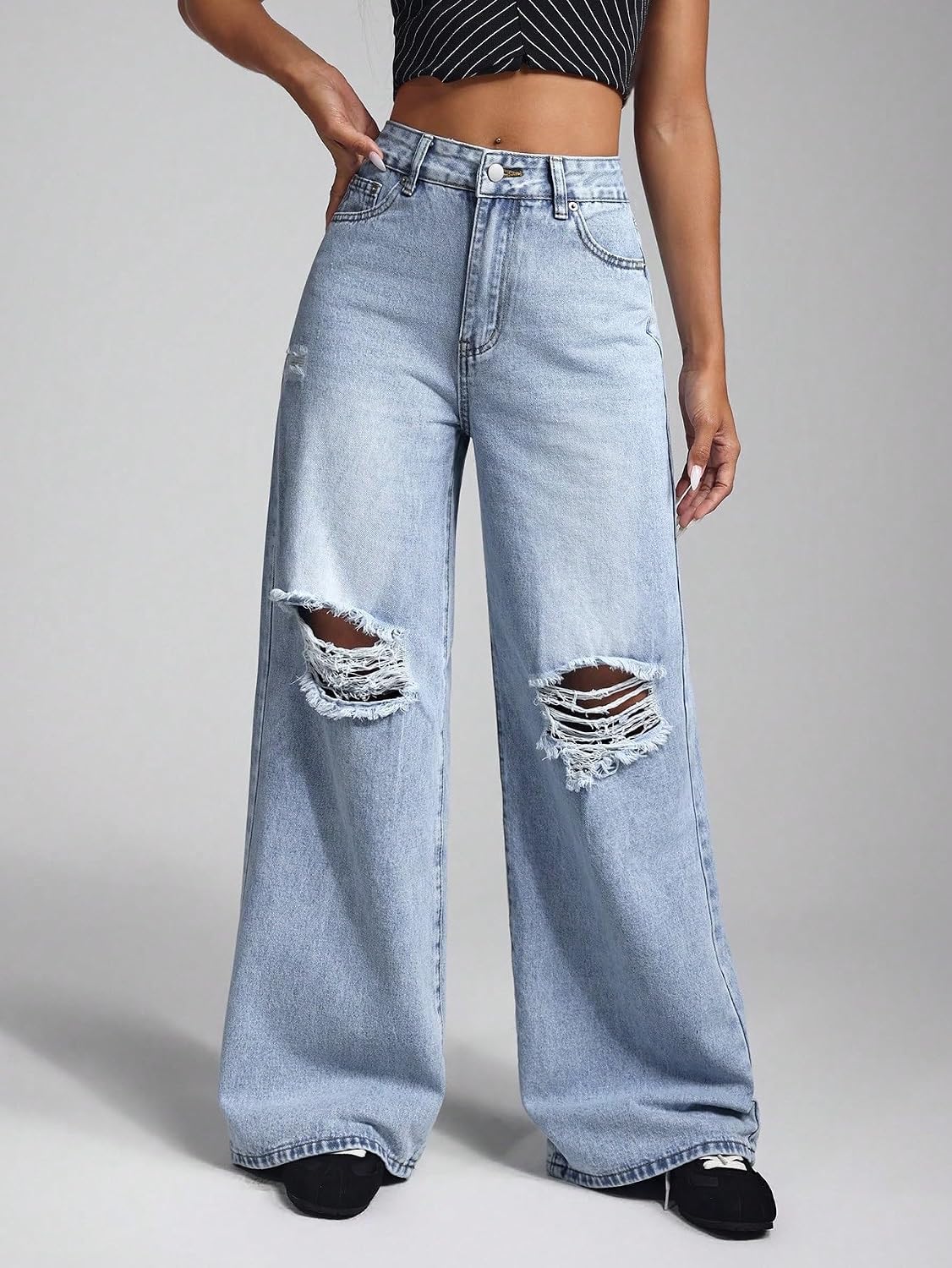 Baggy Jeans Women, High Waist Slant Pocket Ripped Wide Leg Jeans