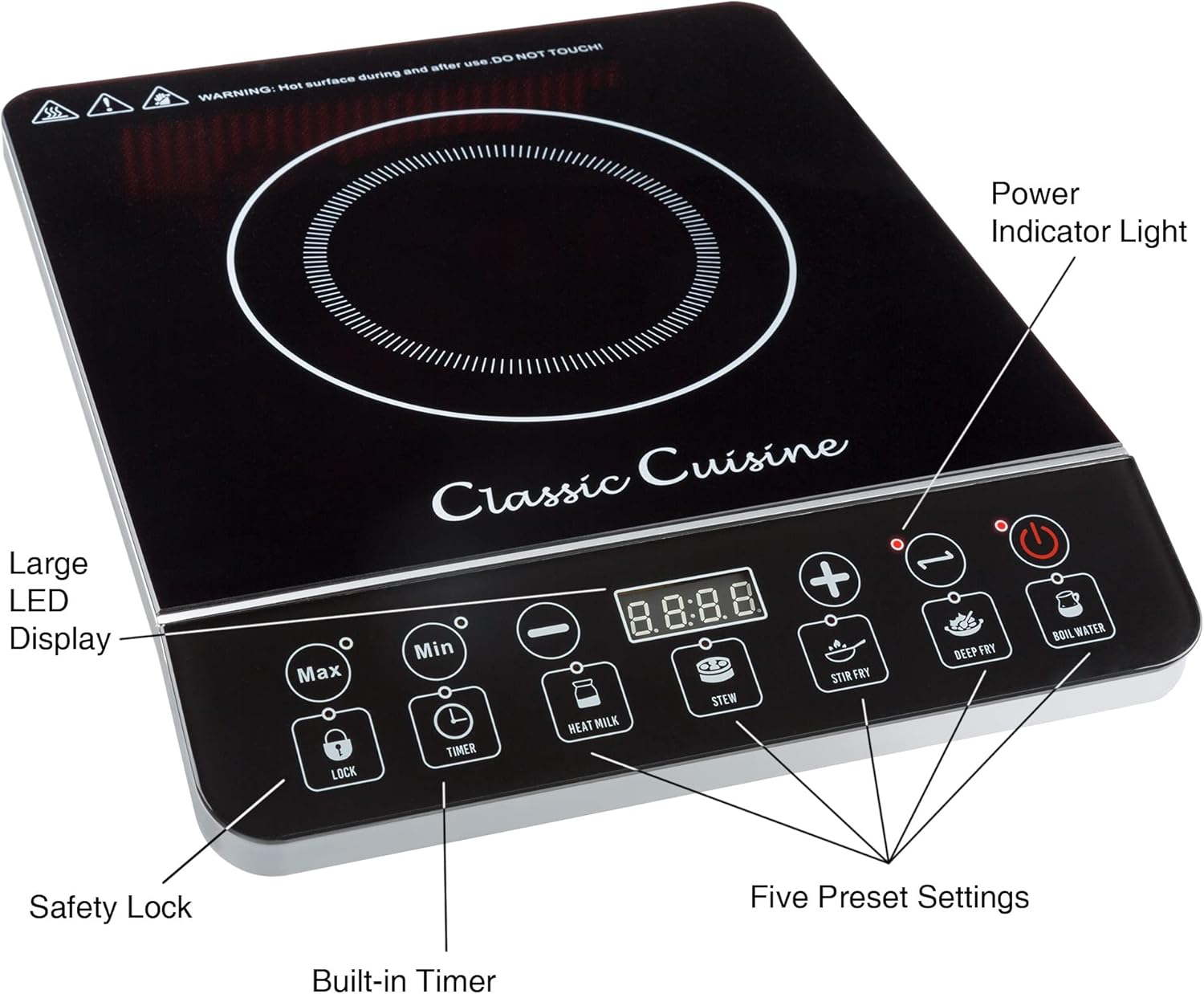 Induction Cooktop - Multifunctional 1800W Electric Stove Top - Hot Plate with Built-In Safety Tools and 10 Power Settings by Classic Cuisine (Black)