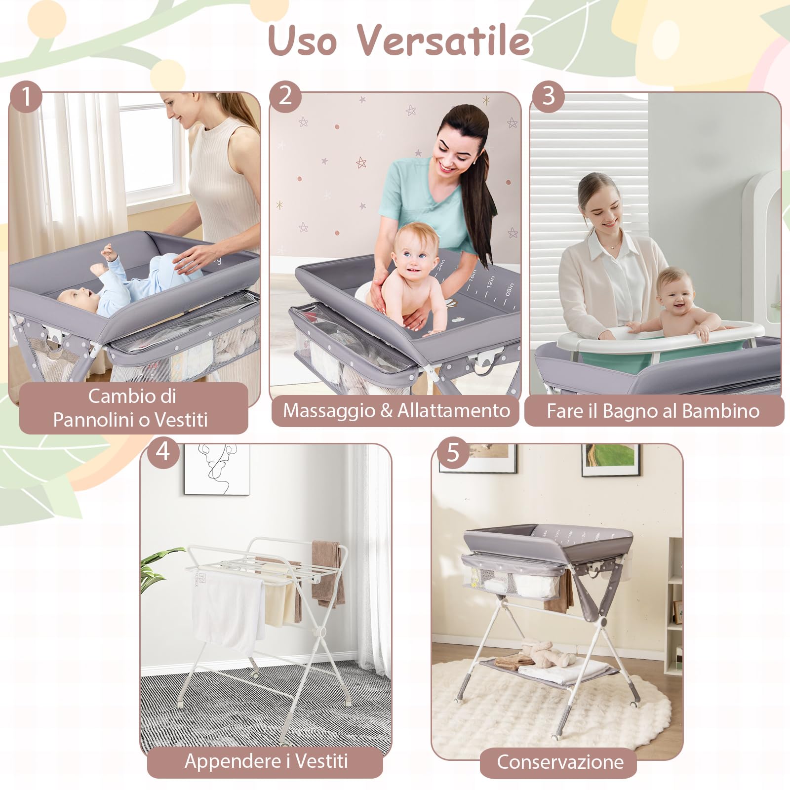 RELAX4LIFE Cambiador de Bebé Plegable con 4 Ruedas Giratorias con Frenos, 3 Alturas Ajustables, Cestas de Almacenamiento y Cinturón de Seguridad, Cambiador Bebe Mueble para Bebé 0-12 Meses (Gris)