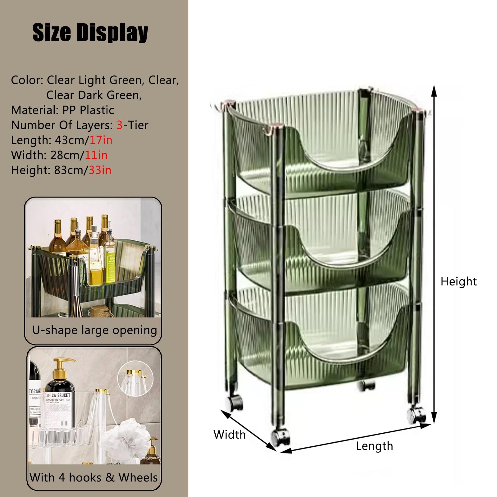 Scaffale per snack Scaffale mobile for frutta/verdura a 2 3 4 livelli, carrello for snack trasparente a U da pavimento for dispensa cucina camera da letto, carrello della spesa girevole con ruote e ga