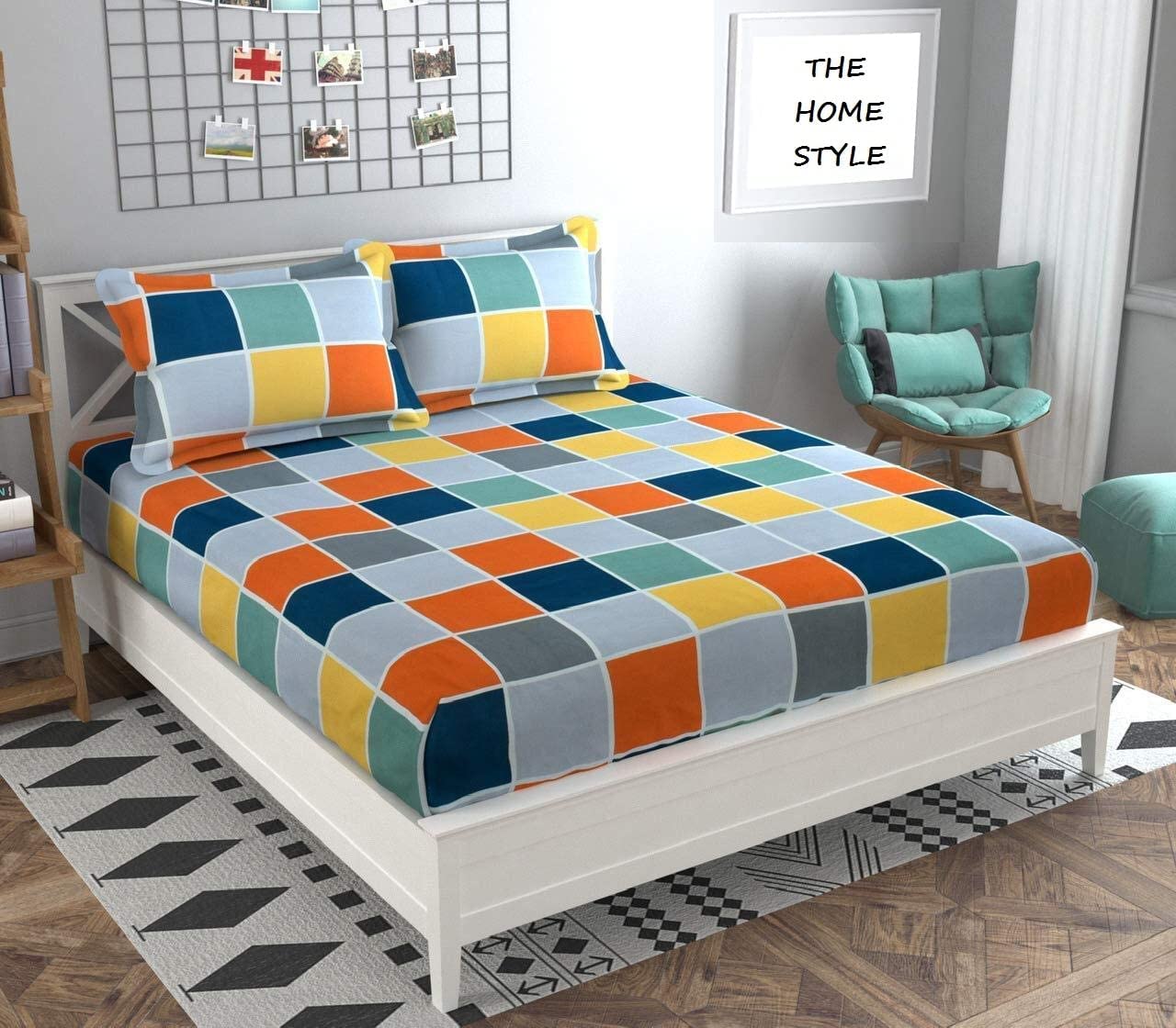 THE HOME STYLE Supersoft Glace Cotton Elastic Fitted All Around King Size Printed Double Bedsheet with 2 Pillow Cover & King Size Comforter/Duvet/Blanket (72"x78" + Comforter, Vibrant Checks)