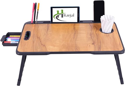 Hitanjal Foldable Wooden Mini Laptop Table for Bed, Study Table with Drawer, Mobile Holder (Wood)