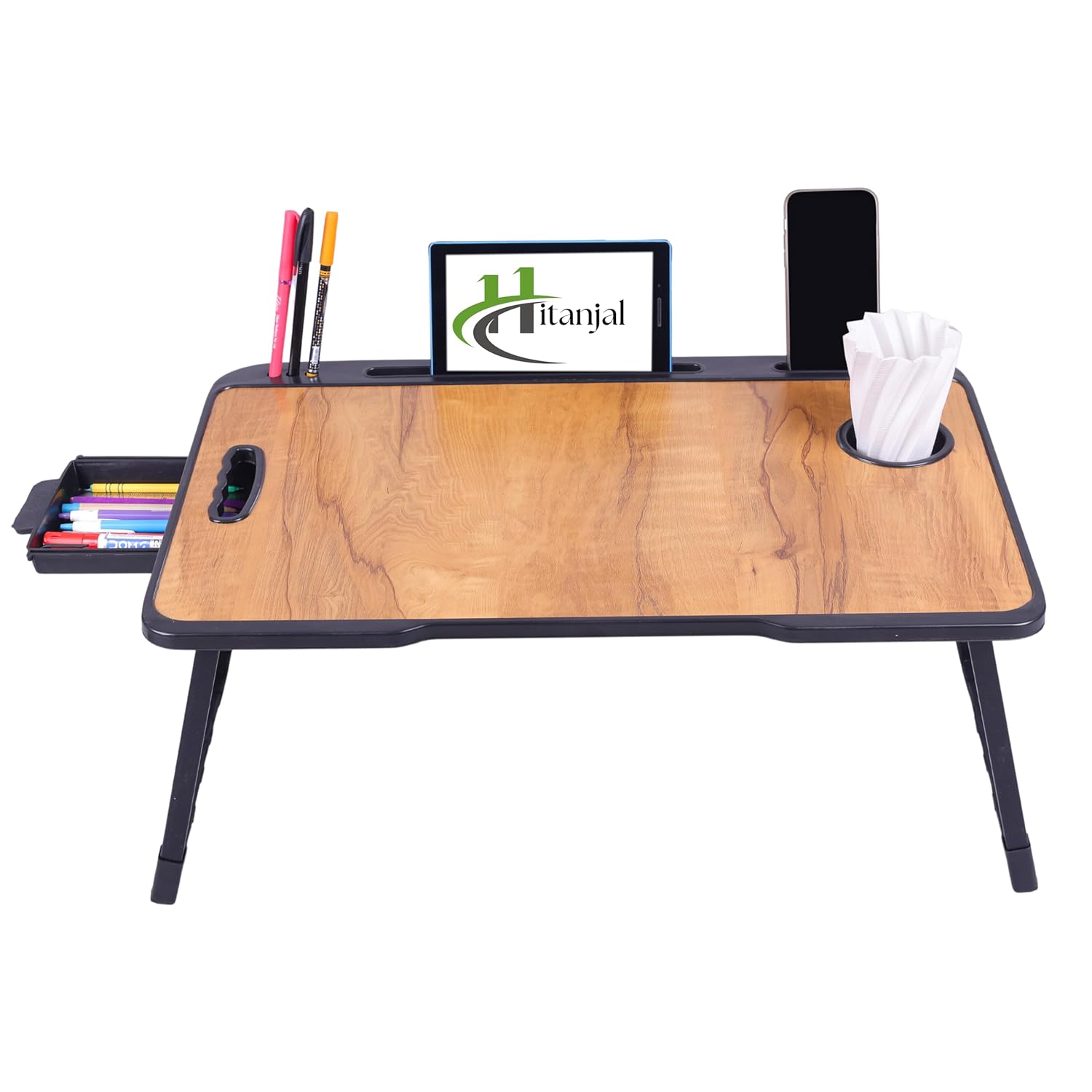 Hitanjal Foldable Wooden Mini Laptop Table for Bed, Study Table with Drawer, Mobile Holder (Wood)
