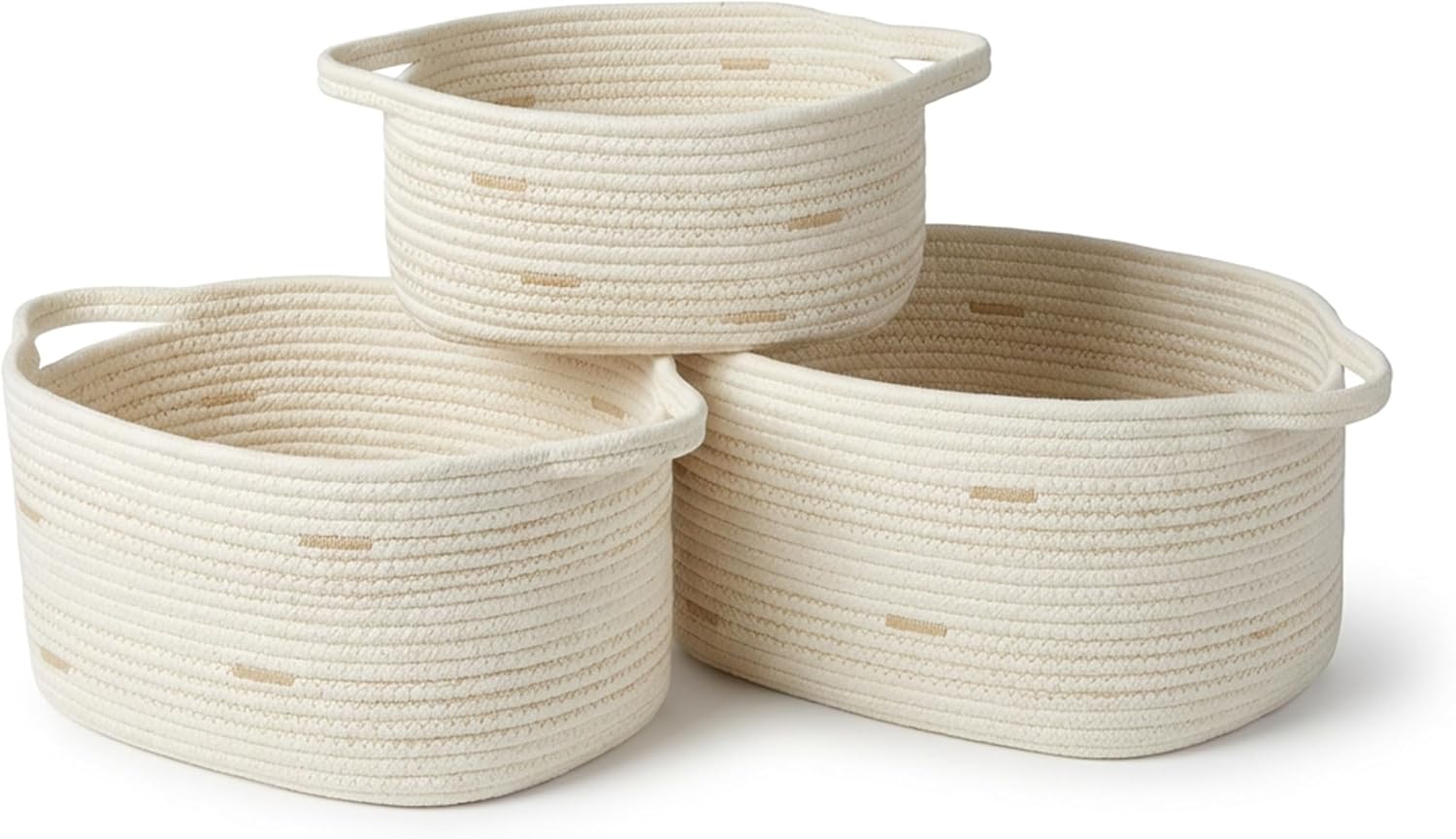 RGI Home Storage Baskets for Organizing, Textured Linen and Fabric Rope, Set of 3 Oval Decorative Woven Bins, Multi-Sized with Easy-Carry Premium Wooden Handles, Cream with Ivory Trim