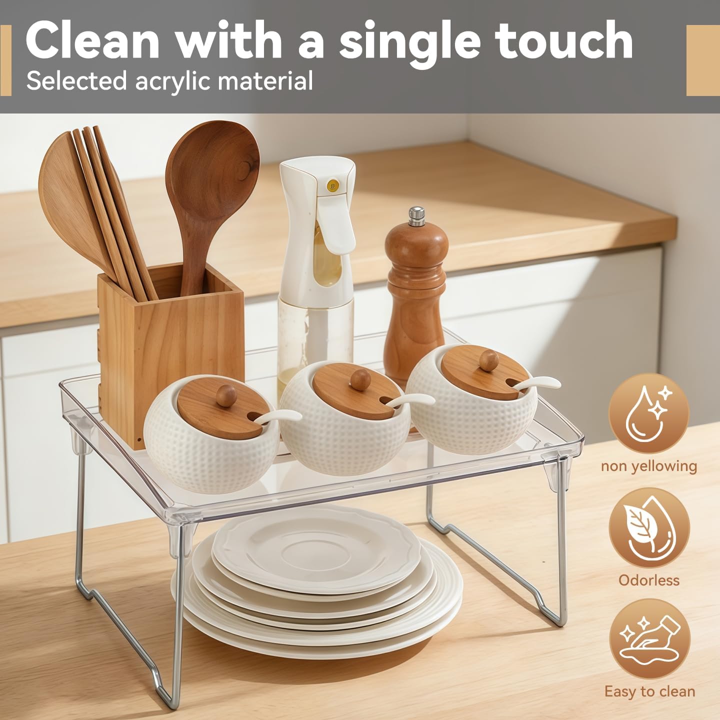 Stackable Cabinet Organizer Shelf, Clear Plastic Countertop Organizer Shelf for Kitchen Cabinet, Spice Rack, Pantry, Bathroom, Desk, 2 Pack