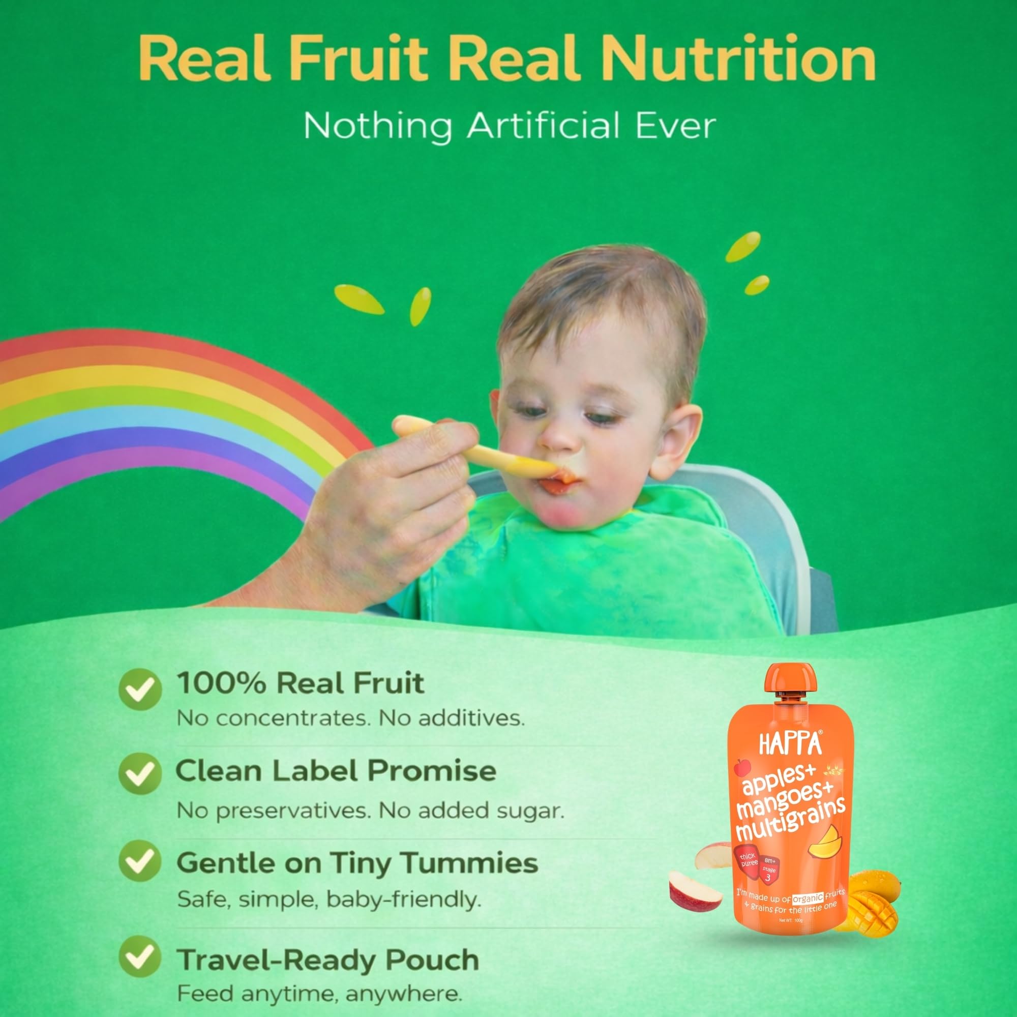 Happa Organic Baby Food Apple Mango and Multigrain Puree | 100% Fruits | No Added Sugar, No Milk Powder, No Preservatives | Stage 3 (8 Months+) | Ready to Eat | Free from Common Allergens | Pack of 1 (100g Each) 3