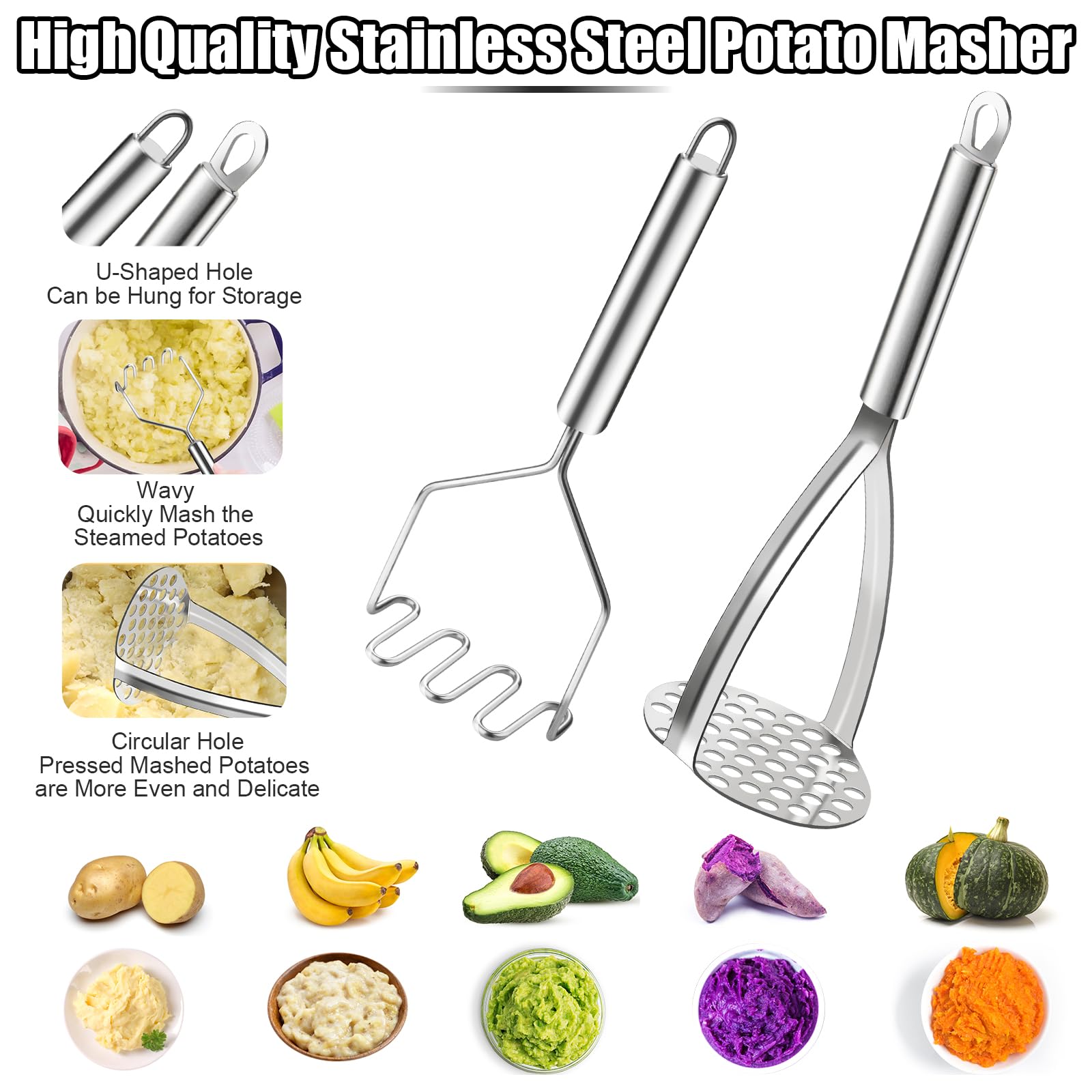 Schiacciapatate In Acciaio Inox HUDDU - 2 Pezzi Con Manico Spesso | Per Patate, Zucca E Verdure - Foto 4