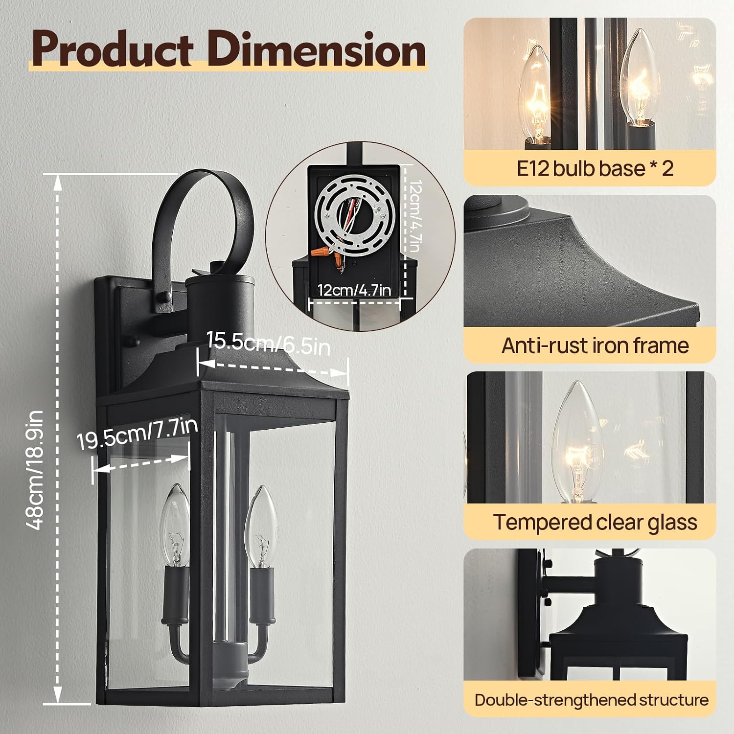 18.9" Black Outdoor Wall Sconce, 2-Light Industrial Porch Light with Clear Glass, Weather-Resistant Farmhouse Lighting Fixture for Porch, Patio,Garage Modern Wall Mount Exterior Lamp (1 Pack)