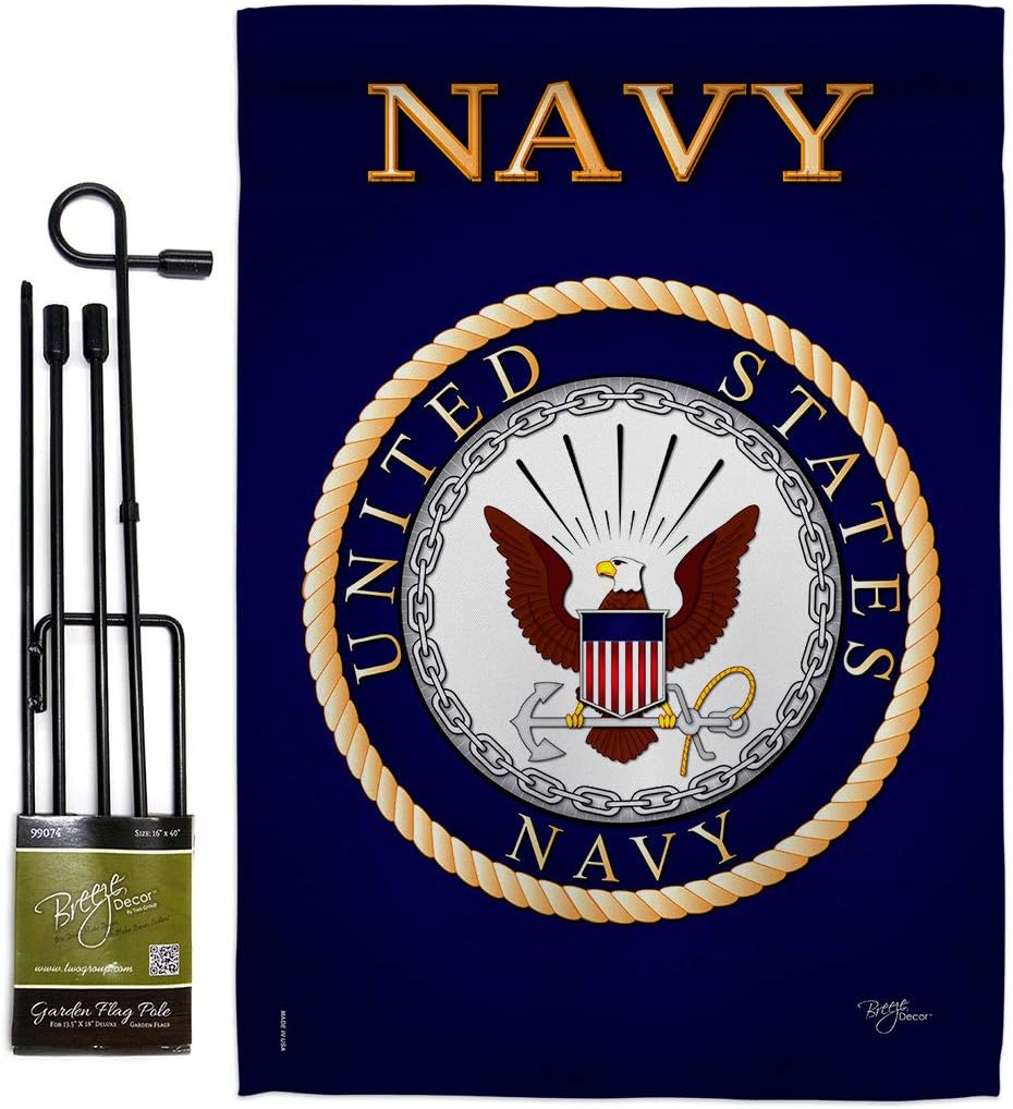 Navy Garden Flag - Set with Stand Armed Forces USN Seabee United State American Military Veteran Retire Official - House Decoration Banner Small Yard Gift Double-Sided Made in USA 13 X 18.5