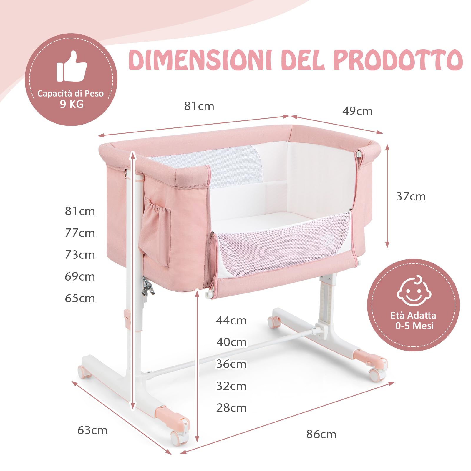RELAX4LIFE 3 en 1 Cuna Colecho con 5 Alturas Ajustables, Ruedas Bloqueables, Colchón y Correa de Sujeción, Cuna Bebe con Bolsillo Portaobjetos y Bolsa de Transporte para Bebés 0-6 Meses (Rosa)