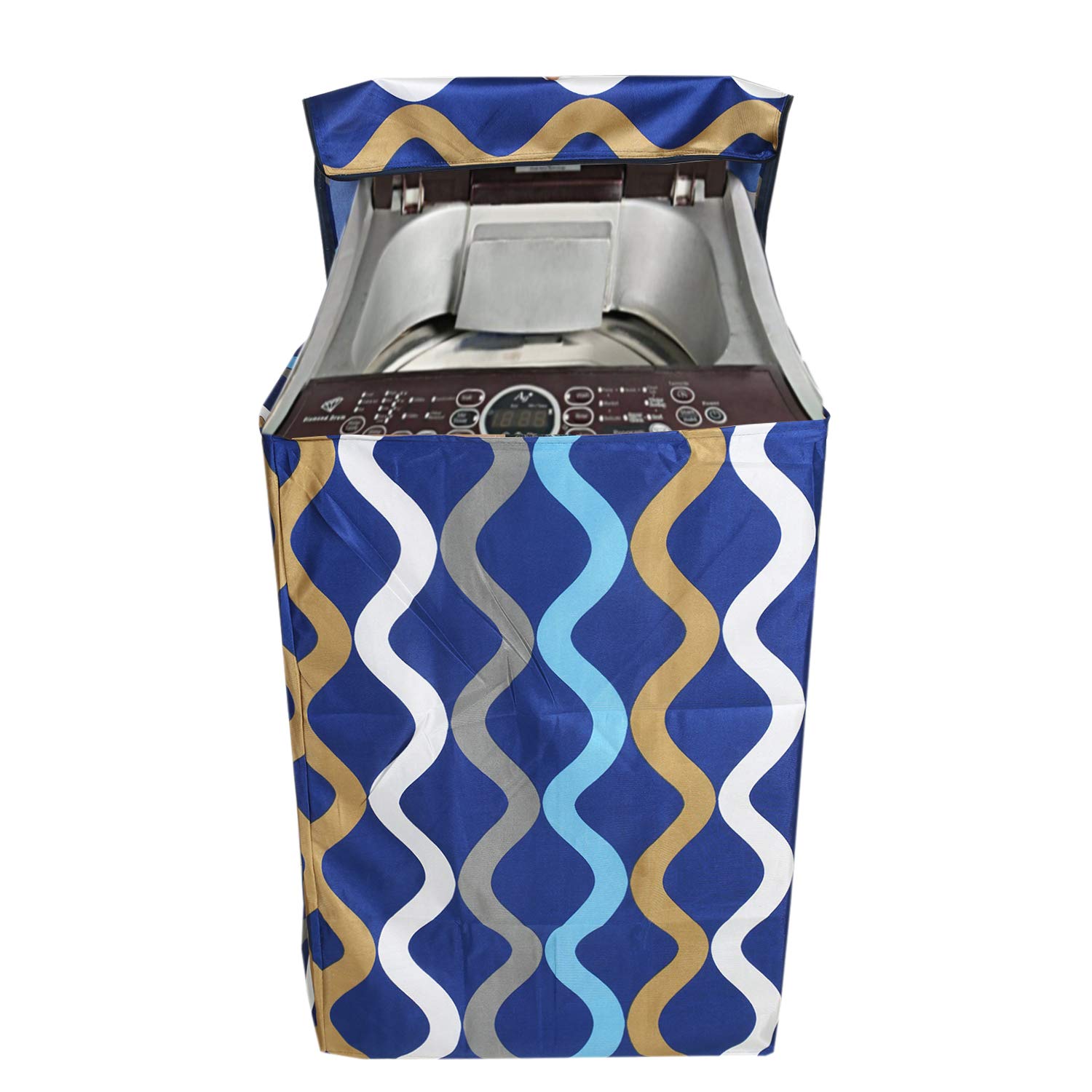 Kuber Industries Knitting Zig Zag Design Cotton Top Load Fully Automatic Washing Machine Cover - Blue