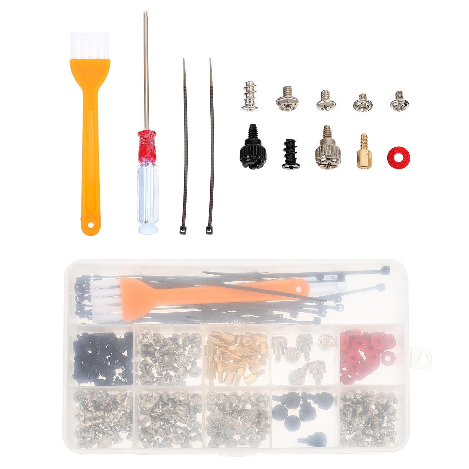 TEHAUX Desktop Computer Assembling Screws Kit with Screwdriver, Cable Ties, and Cleaning Brush for Case and Fan Installation, Nickel Material, Easy to Use Set