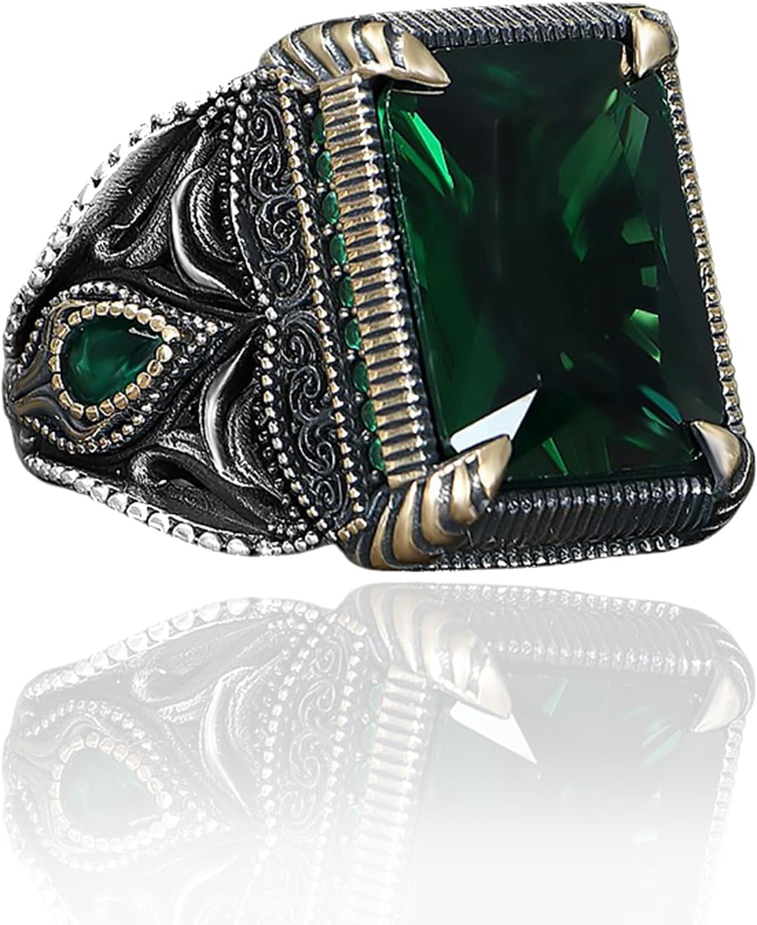 BayVog Men’s Sterling Silver Ring with Square-Cut Emerald Gemstone – Vintage-Inspired Gothic Ring – Deep Green Stone Statement Jewelry for Men