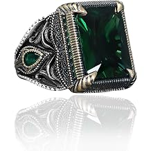BayVog Mens Sterling Silver Ring with Square-Cut Emerald Gemstone Vintage-Inspired Gothic Ring Deep Green Stone Statement Jewelry for Men