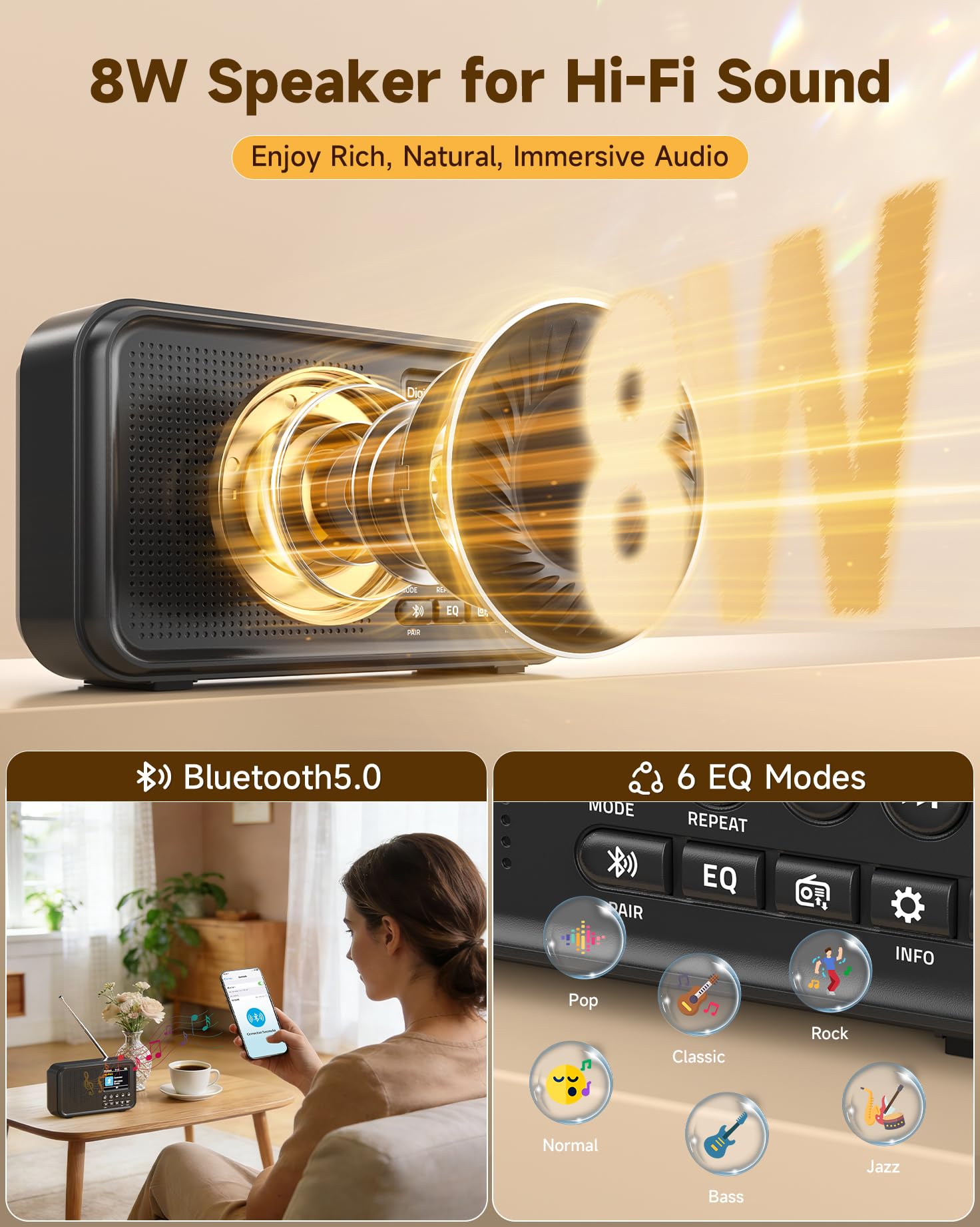 Roxicosly Portable DAB+/DAB/FM Digital Radio with Bluetooth, 3000mAh Rechargeable Battery & USB-C Mains, 2.4" TFT Colour Display, 80 Presets, EQ, AUX, MicroSD Slot, Dual Alarm, Snooze & Sleep Timer — view 3