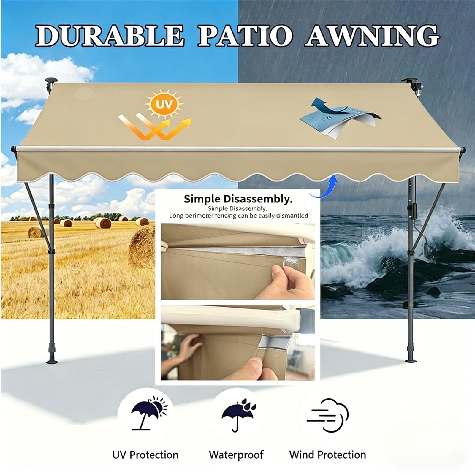 Caqui,120 x 300 cm,Toldo Retráctil Manual Sin Taladro con Faldón Extra Largo 1m, Toldo Exterior Ajustable Protección Solar, Resistente Agua Protección UV, Estructura Aluminio para Patio