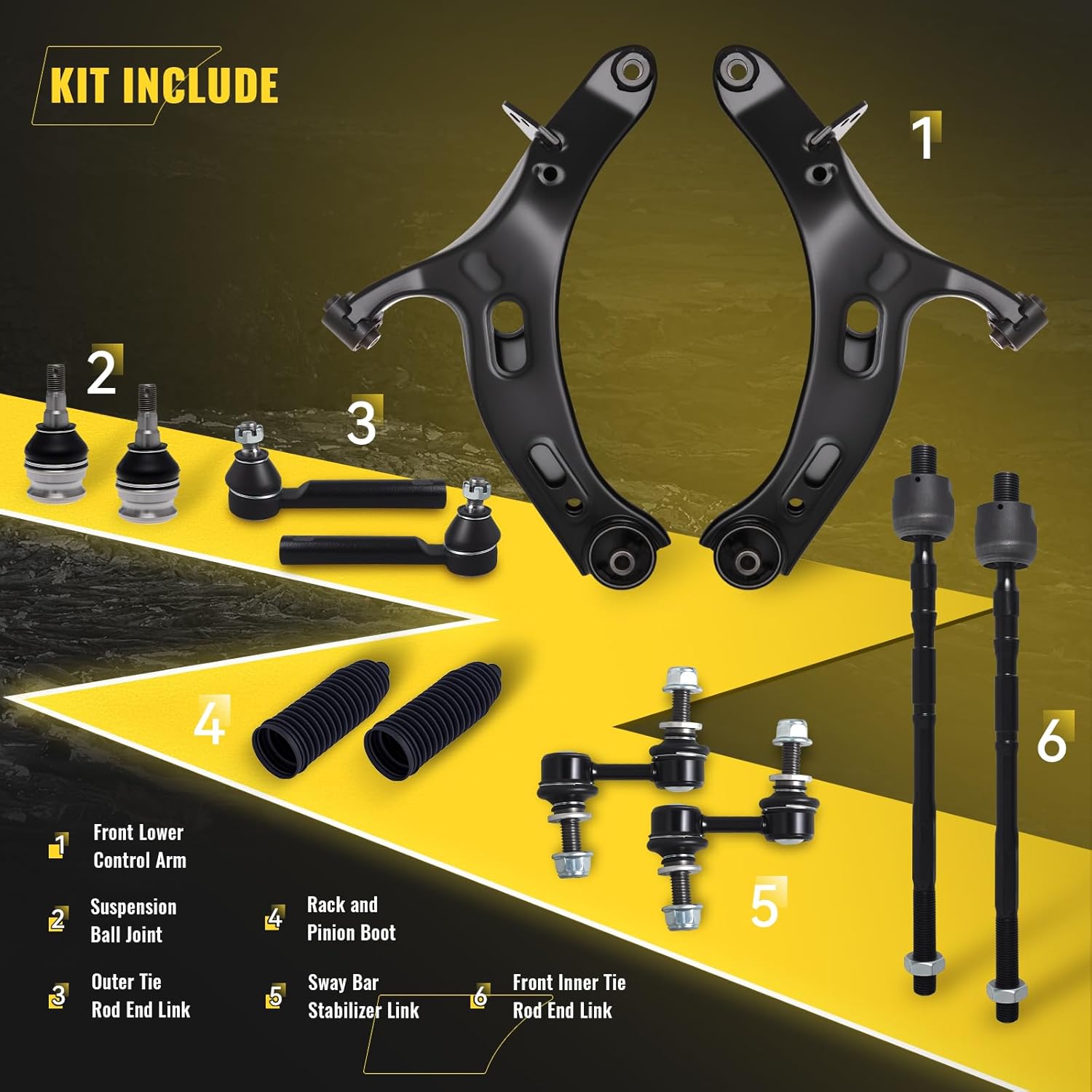 TUCAREST 12Pc Suspension Kit Fit For 2010-2014 Su-baru Outback, 2 Front Lower Control Arm Ball joint + 4 Outer Inner Tie Rod + 2 Sway Bar + 2 Boots [# 522-831 522-832 K750084 EV800049 ES3712 K9513]