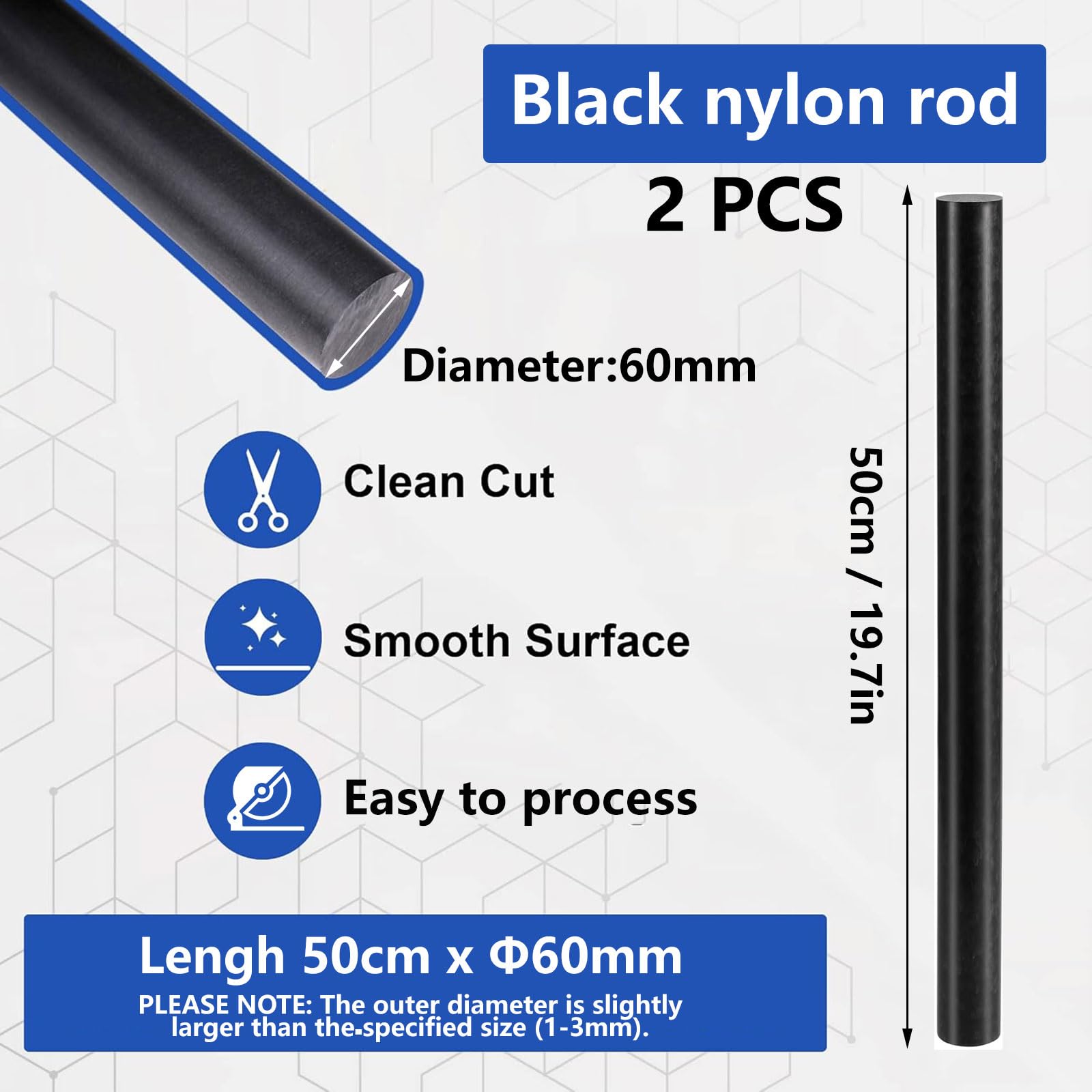 Tiges en nylon PA6 noires, paquet de 2 barres en plastique d'ingénierie robustes de 50 cm Ø35–65mm for le tournage CNC, l'usinage et les projets de bricolage industriel(60mm)