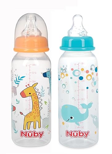 Nuby Botella estándar impresa antigoteo, 2 unidades, naranjaaguamarina