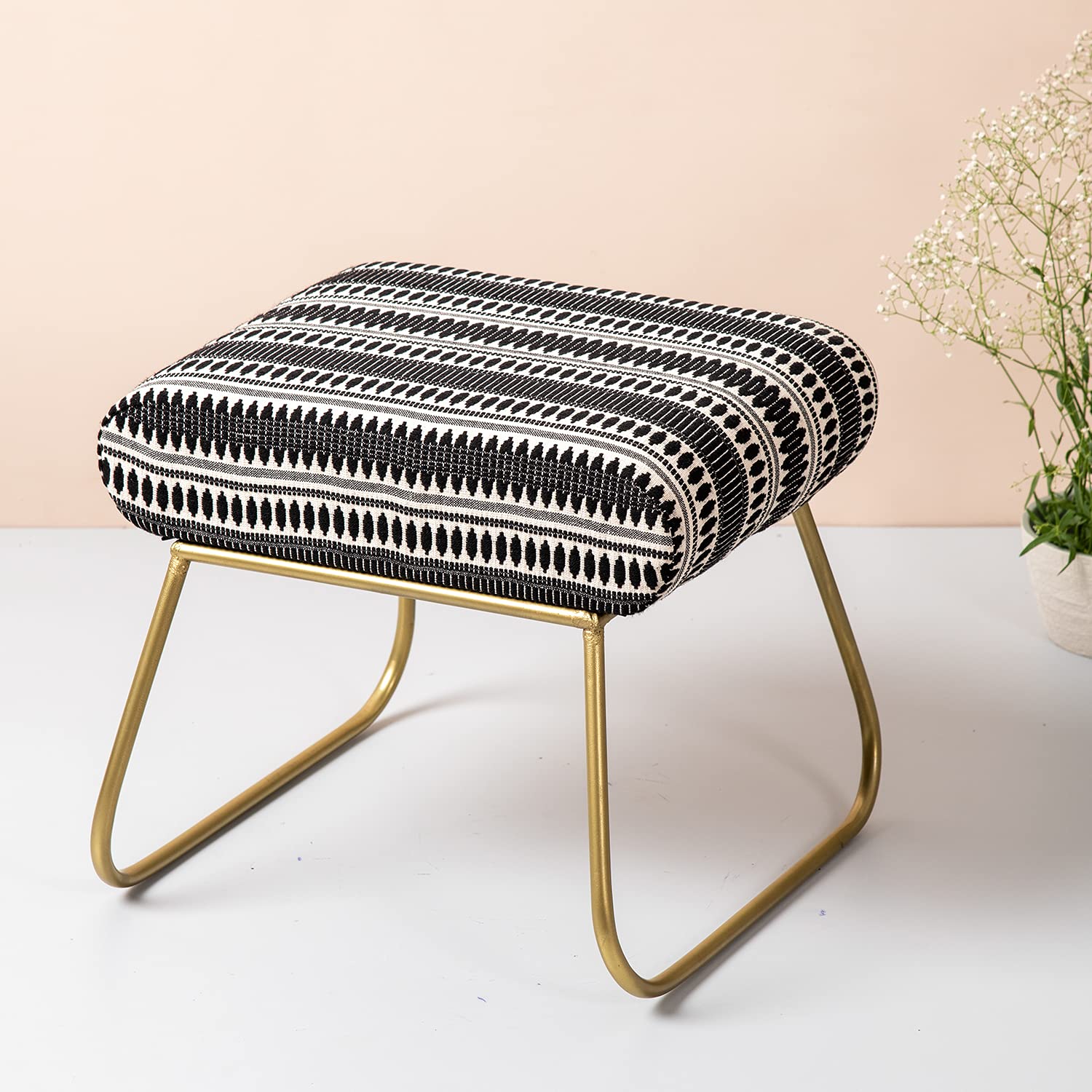 nestroots Ottoman Stool for Living Room - Metallic Stools for Sitting, Bedroom Pouffes, Side Table | 14.5 Inch Height, Black & White 2 Leg Design | Stylish & Durable Footrest Stool for Home-image-7