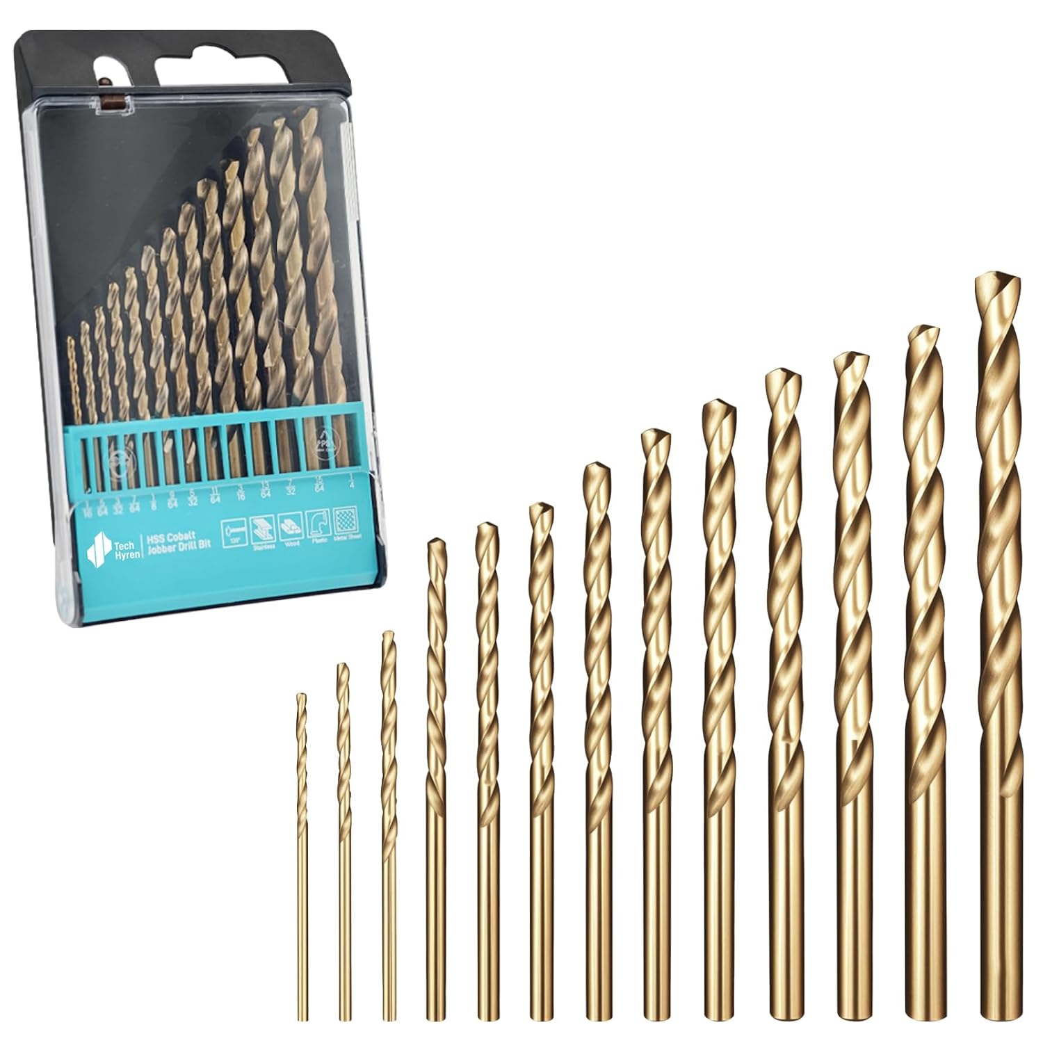 13pcs Cobalt Drill Bit Set M35 High Speed Steel 1/16"-1/4" Jobber Drill Bits Set