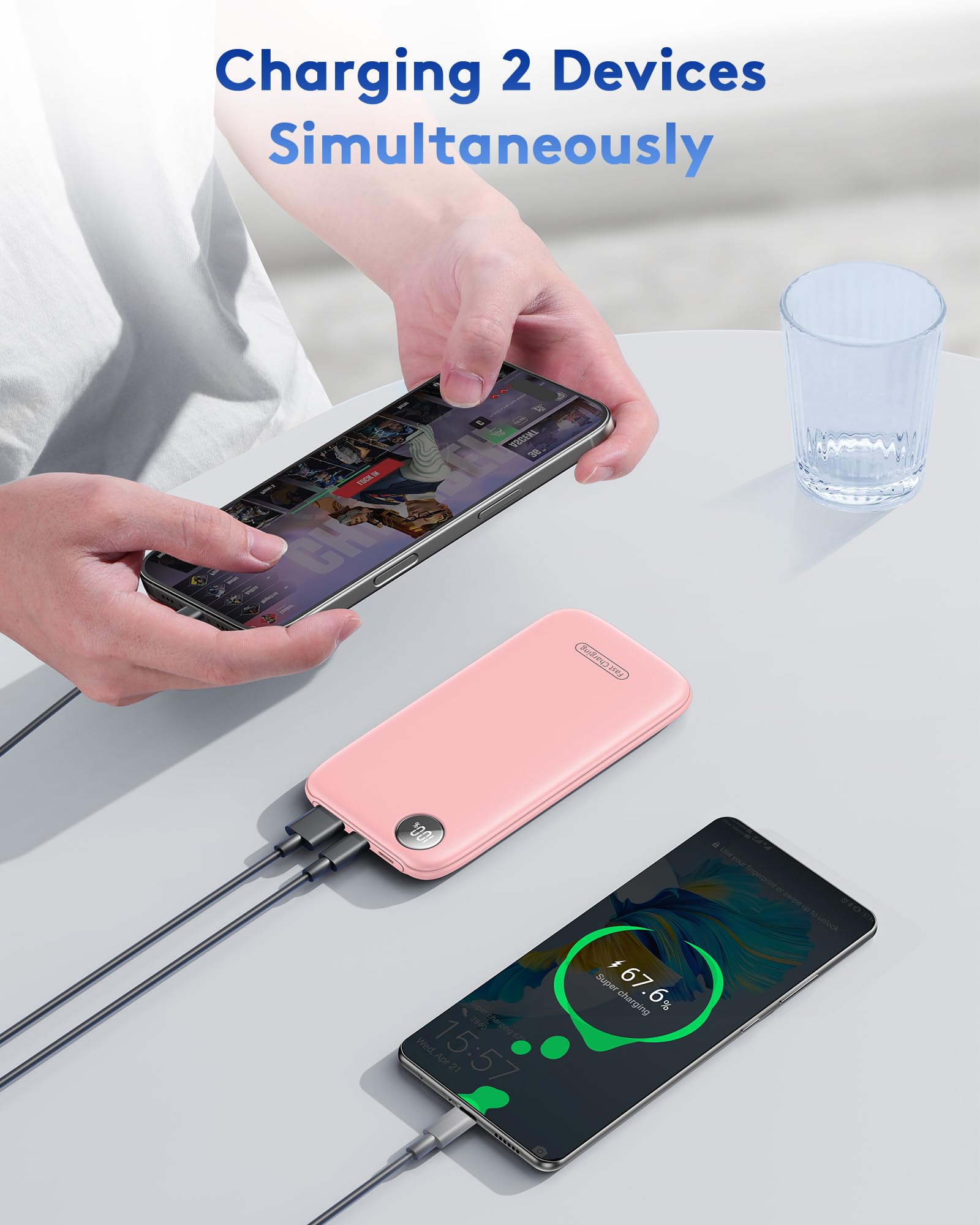 Power Bank, 22.5W 10000mAh Ricarica Rapida Caricatore Portatile iphone, QC 3.0 USB C Powerbank Potente, Batteria Esterna Display LED per iPhone 16 15 14 13 12 Pro Max Mini Plus Android (Rosa)
