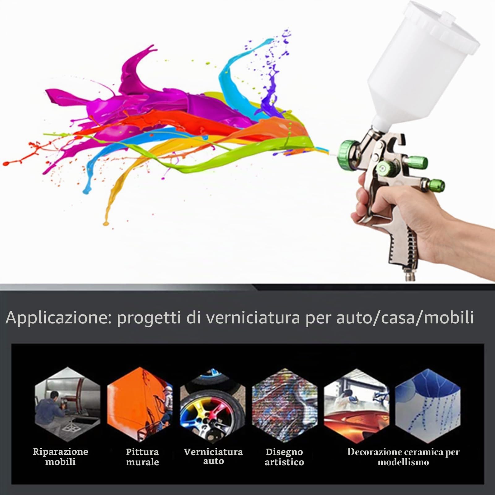 Pistola Verniciatura LVLP Professionale 600ml con Serbatoio Integrato, Spruzzatore per Pittura Auto e Carrozzeria, Kit Accessori con Filtro, Spazzola e Chiave