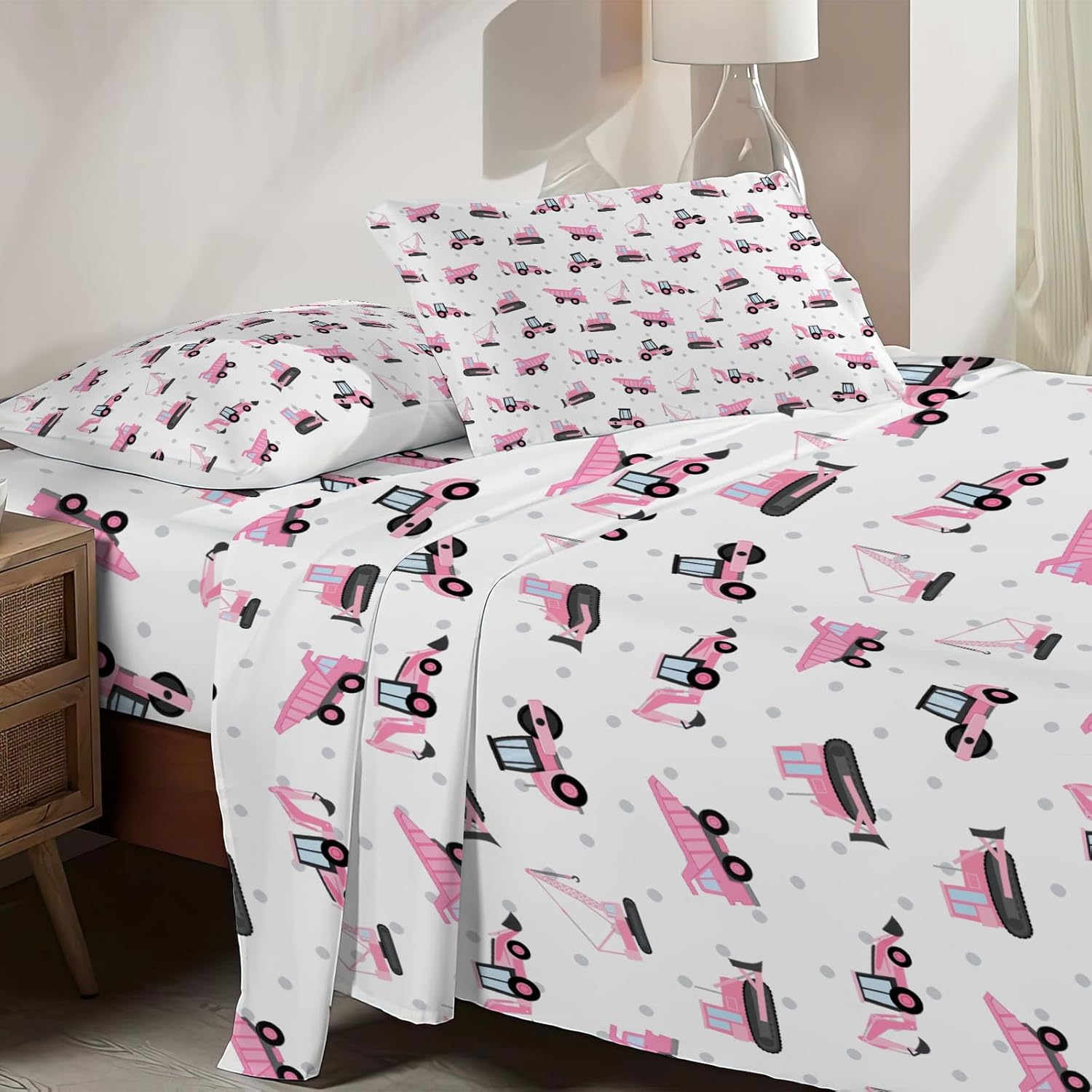 Allenjoy Pink Construction Trucks Toddler Sheets Set with Fitted Sheet, Flat Sheet and 1 Pillowcase for Bedding Bedroom Decor, Decorations for Boys Girls Men Women Twin Size