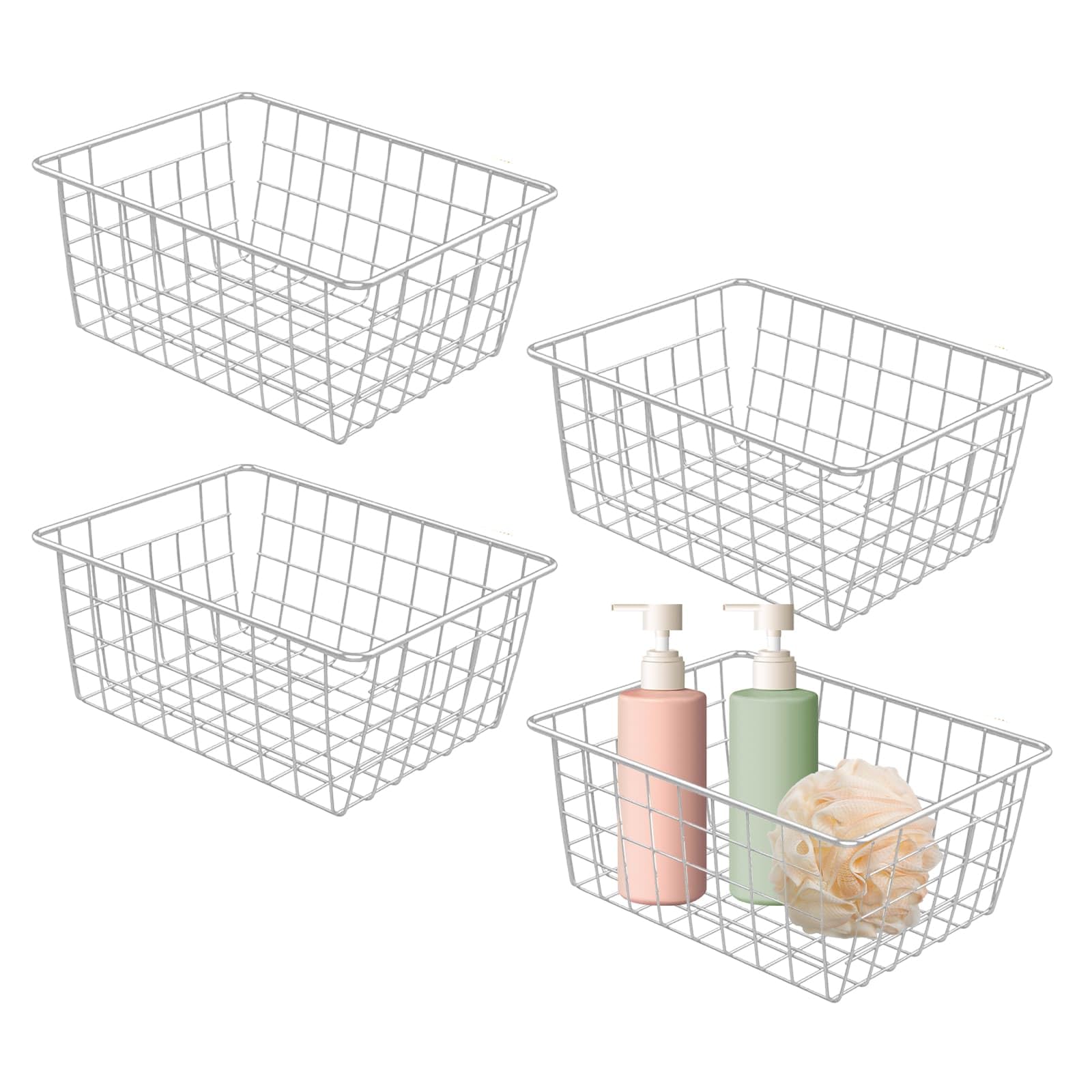 4 Pack White Wire Storage Baskets, Metal Wire Basket for Pantry Organizer Storage, for Freezer Kitchen Pantry Closets Bathroom-28 x 22 x 12cm