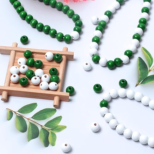 Miniatura 10 de 450 cuentas de madera de 0.394 pulgadas para manualidadesdecoración de Navidad, cuentas de madera pintadas en rojo, verde y blanco, agujero de 0.118