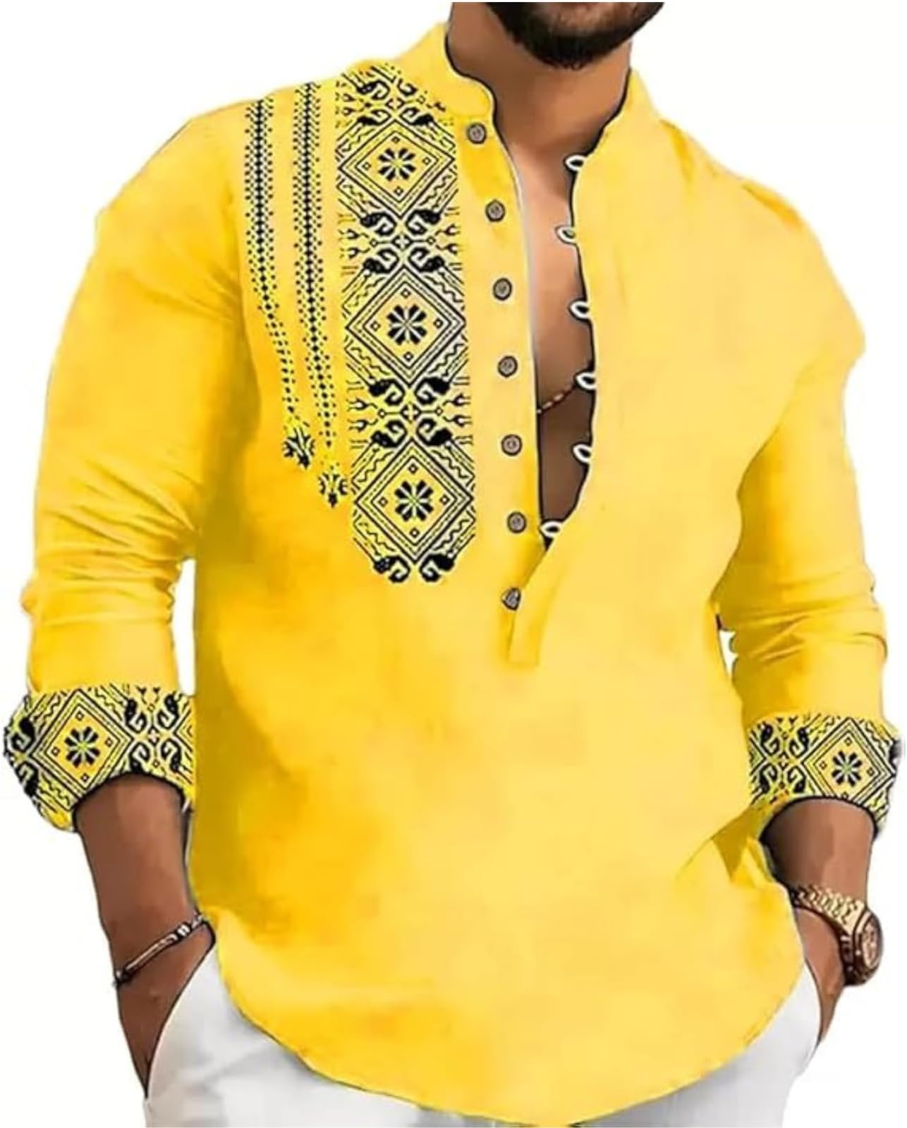 DEELMOMen's Kurta, Cotton Blend Fabric, Mandarin Collar, Design, Full Sleeve, Casual, Short