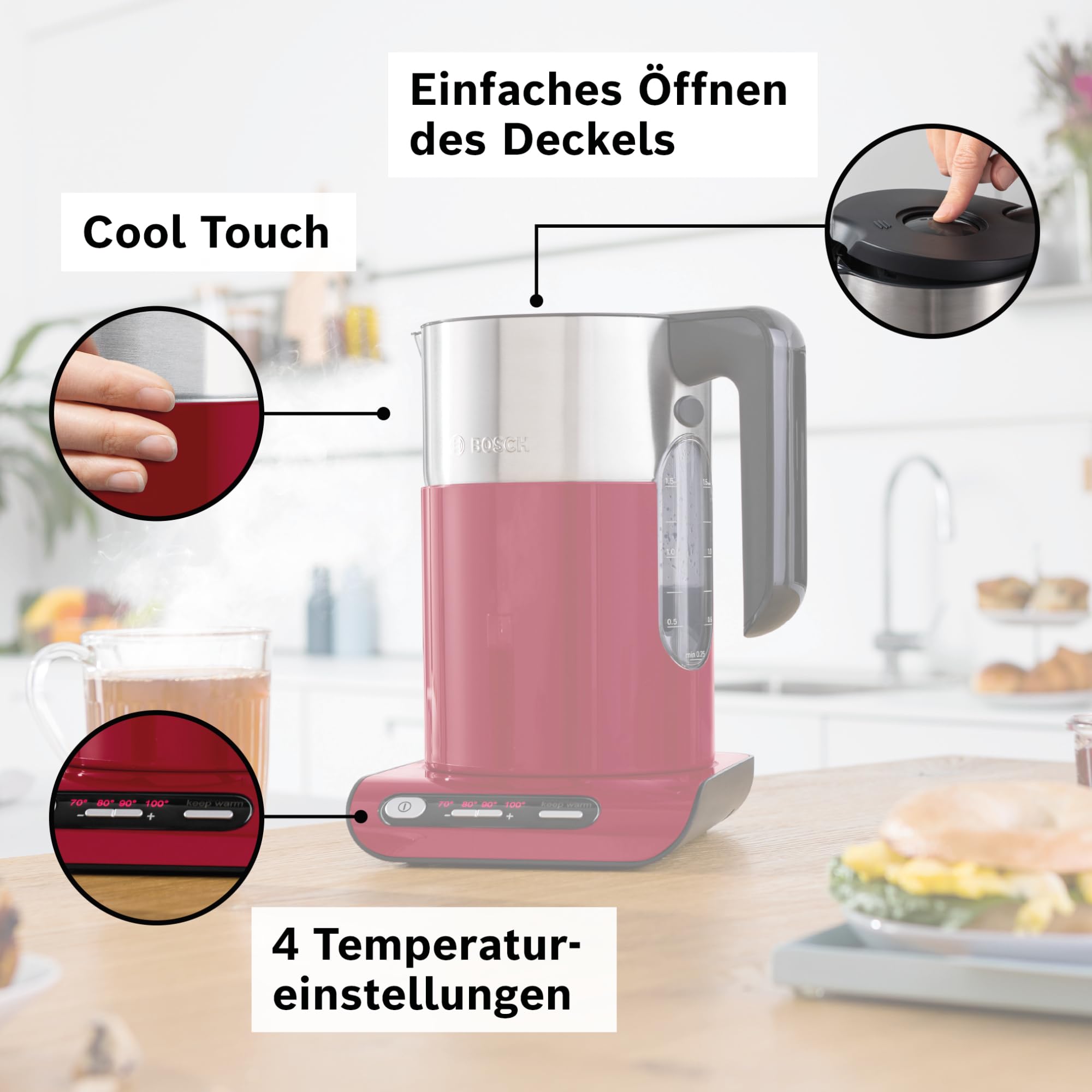 Bosch Wasserkocher Styline TWK8614P, Abschaltautomatik, Überhitzungsschutz, Temperaturwahl, Warmhaltefunktion, 1,5 L, 2400 W, rot