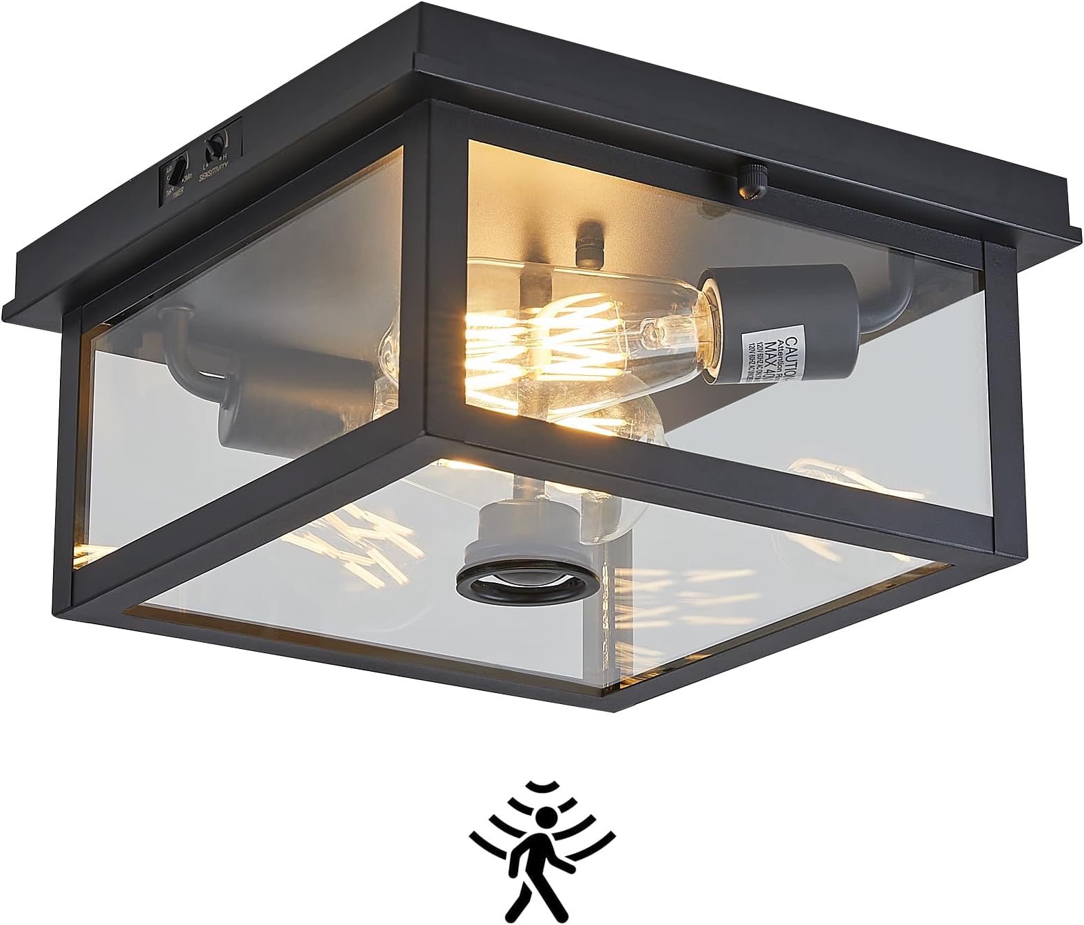Tarentlight Adjustable Motion Sensor Ceiling Light Fixture Outdoor Modern Design of Squares Flush Mount 2-Light Textured Black with Clear Glass for Your Porch,Garage,Patio,Hallway,Front and Back Yards
