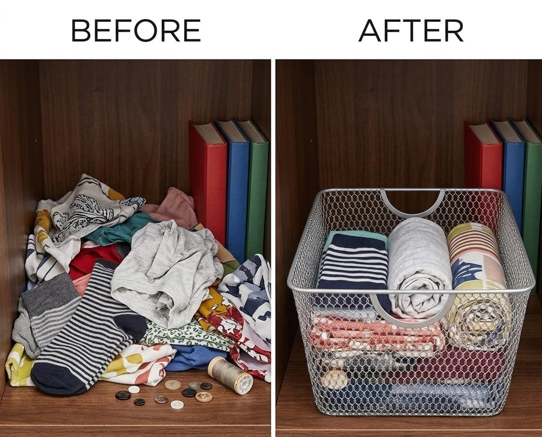 YBM Home Küchen-Organizer aus Draht für Regale, Schränke, Speisekammer, Arbeitsplatte, offener Aufbewahrungskorb aus Netzstoff, Metallkorb für die Organisation von Lebensmittelbedarf, 25,4 x 22,9 x