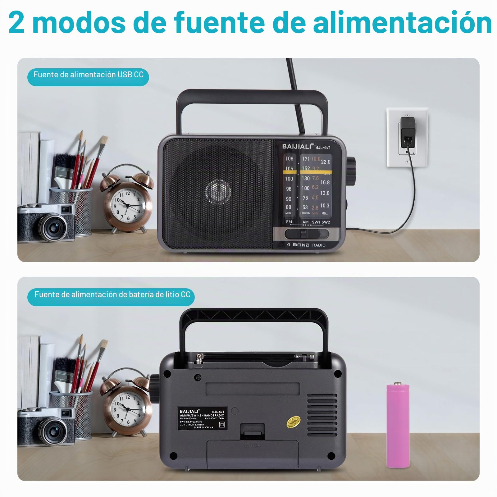 Radio transistor AM/FM portátil con altavoz, batería o USB | Radio de emergencia compacta para interiores, exteriores, viajes y tormentas (modelo BJL-671)