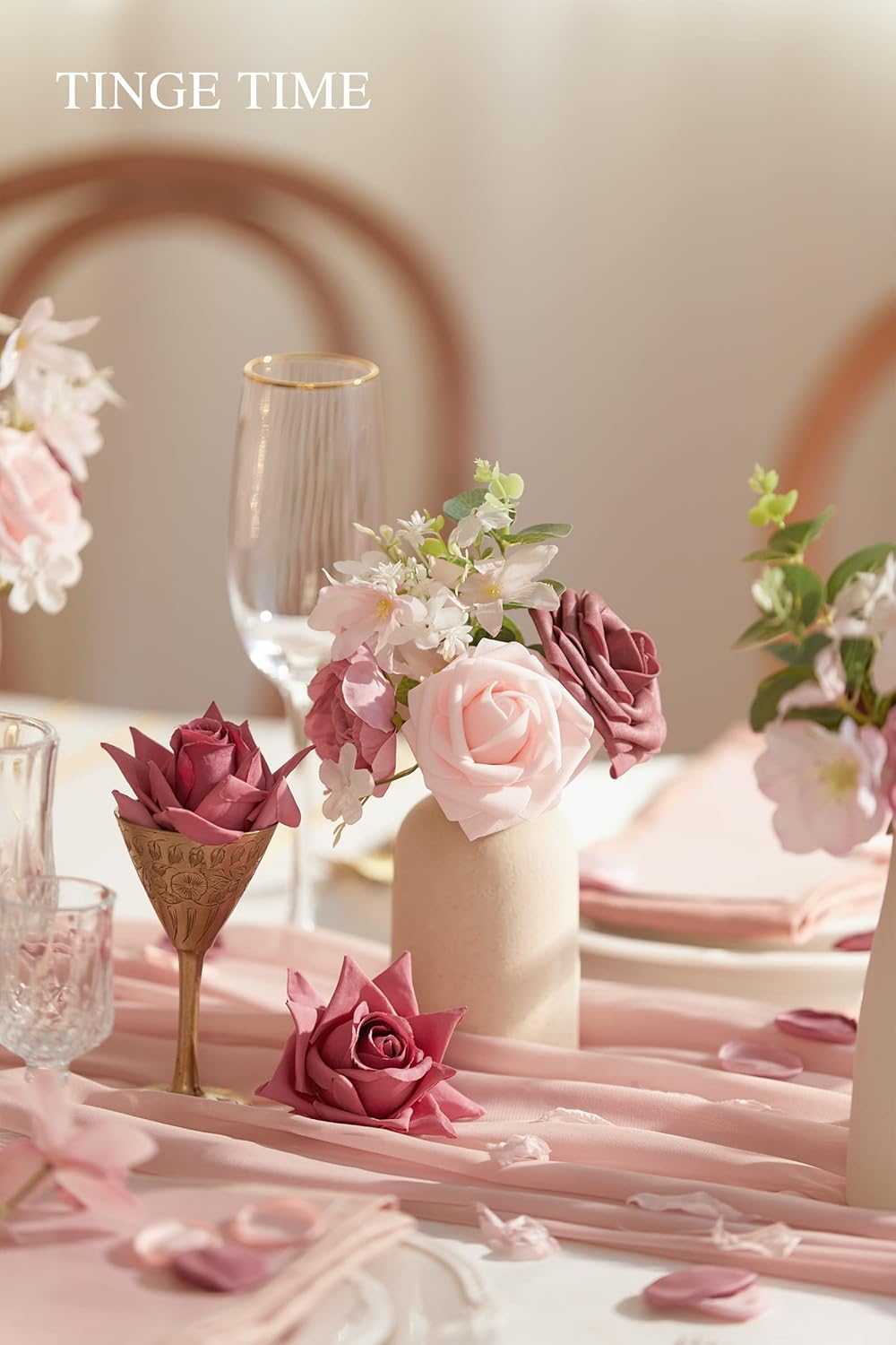 TINGE TIME Wedding Centerpieces Table Decorations, Set of 6, Time-Flies Rose Artificial Flowers Wedding Mini Flowers Bouquets Pre-Made Mini Floral for Dessert Desk Home Decor