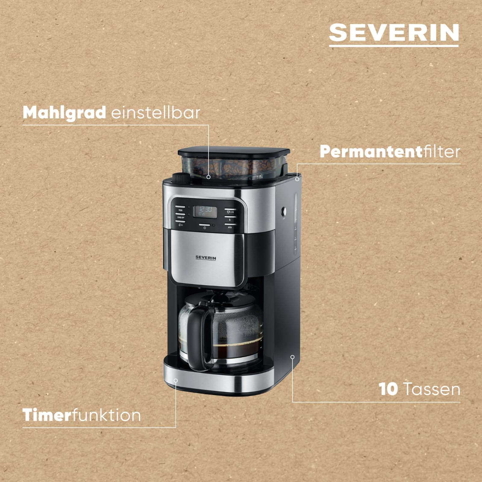 SEVERIN Kaffeemaschine mit Mahlwerk, Glaskanne, Timer, 1000 Watt, Edelstahl, Schwarz, KA 4810