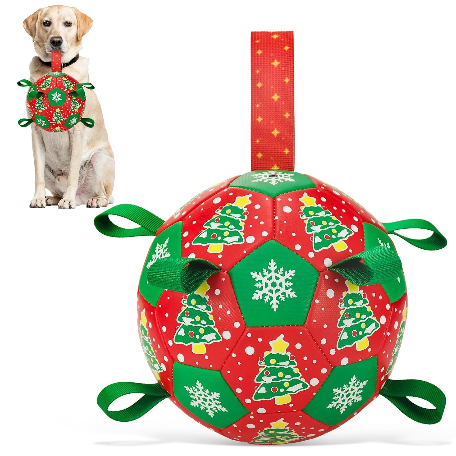 Christmas Soccer Ball Dog Toy With Straps for Interactive Play and Tug of War - Christmas Tree Snowflower