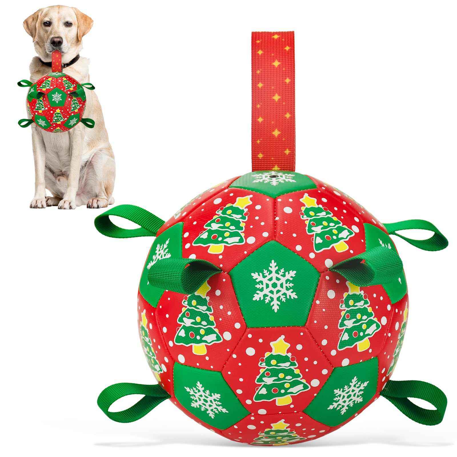 Christmas Soccer Ball Dog Toy With Straps for Interactive Play and Tug of War - Christmas Tree Snowflower