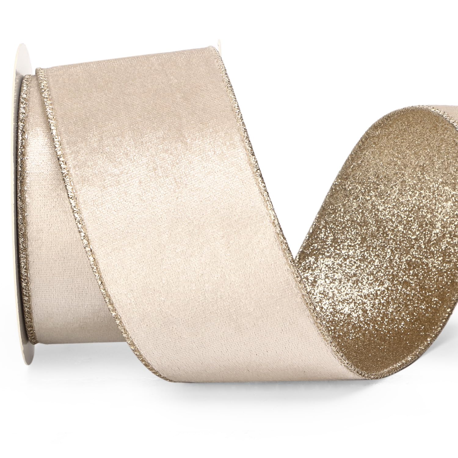 Ribbli Light Champagne Velvet Wired Ribbon 2.5 Inch Ivory Velvet with Champagne Glitter Christmas Ribbon for Christmas Tree Decoration Big Bow Gift Wrapping Crafts Wreaths Supplies- 10 Yards