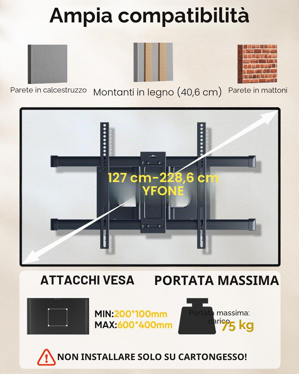 Supporto TV Parete da 50-90 Pollici, Inclinazione Girevole Staffa con 765mm Doppio Braccio, Braccio TV Ultra Resistente 75kg, Staffa Televisore 75 85 90 Pollici VESA 200x100-600x400mm