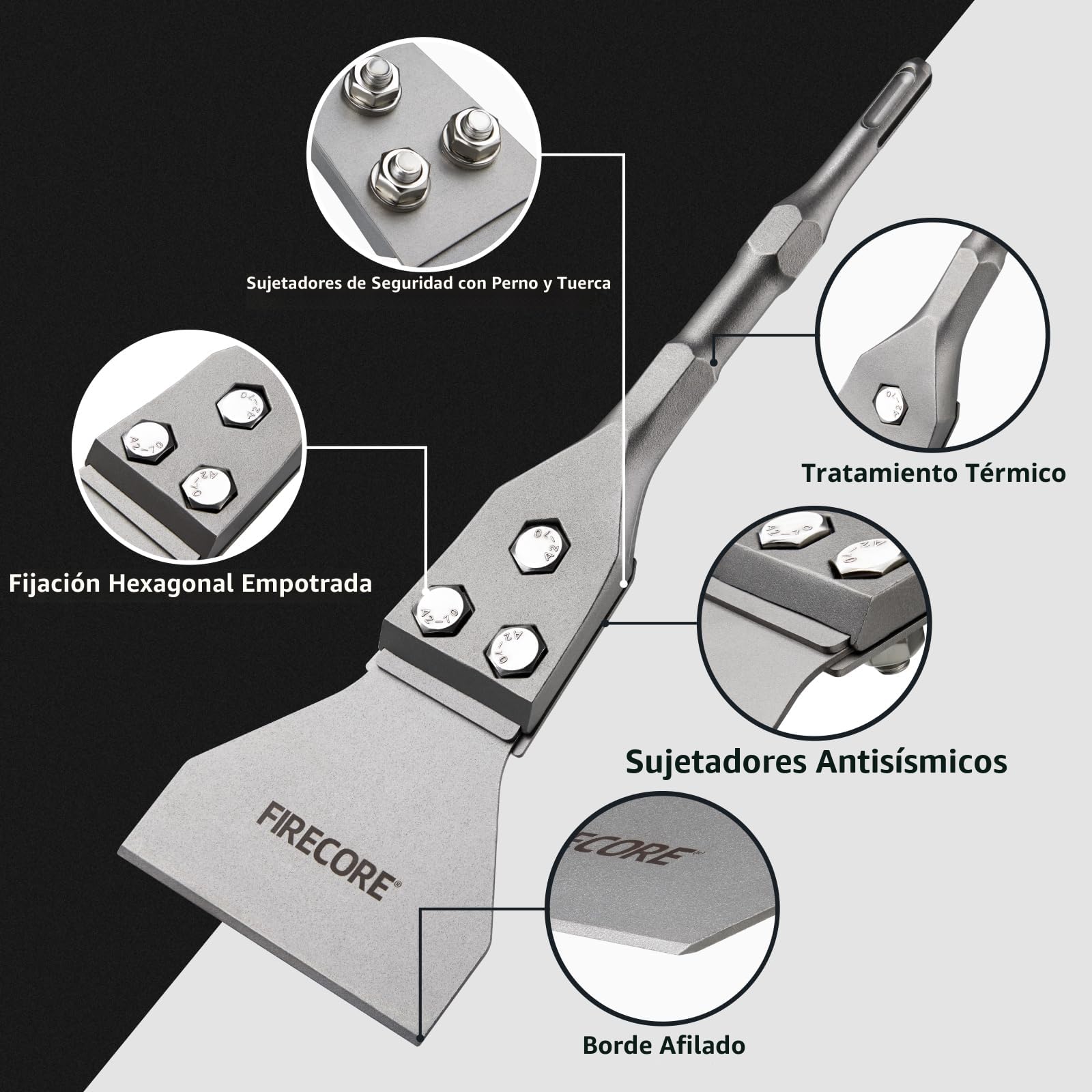 Firecore Cincel SDS PLUS, Espátula SDS PLUS, Raspador de Piso 100 * 300 mm para quitar baldosas, hormigón, mortero, compatible para Martillo Demoledor SDS PLUS - FS23412