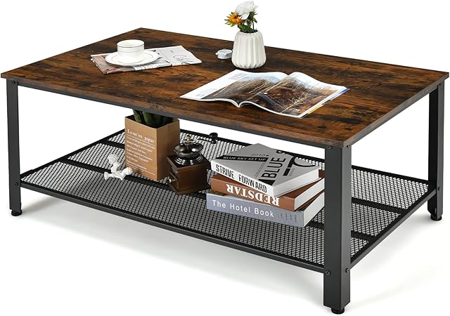 Multigot Coffee Table, Industrial Sofa Side Table with Mesh Storage Shelf, Metal Frame Wooden Snack Table for Living Room, Bedroom and Office (Rustic Brown)