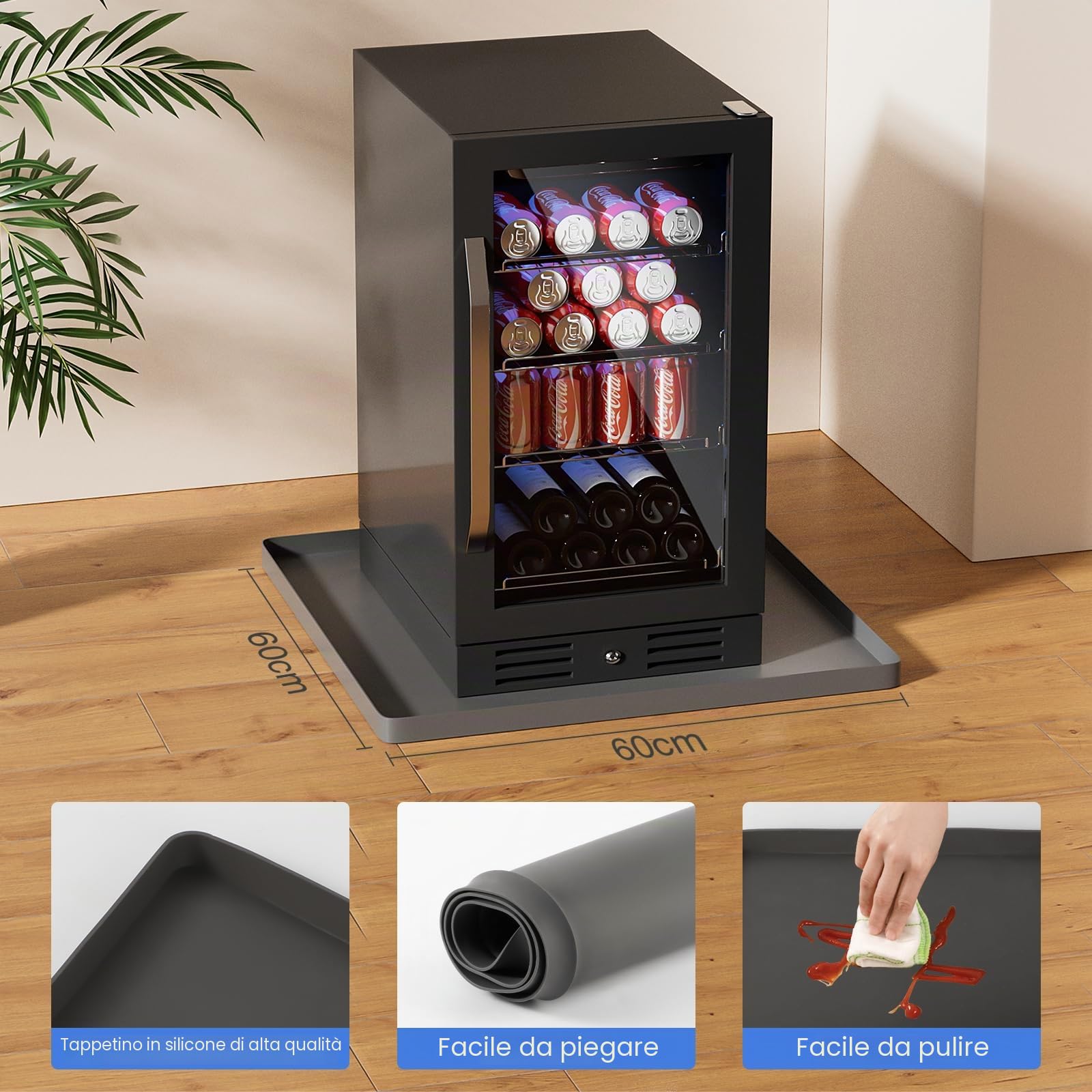 Tappetino per frigorifero, 60 x 60 cm, in silicone, antibatterico, con bordo rialzato, vassoio antigoccia, riutilizzabile, per frigorifero, lavatrice, armadietto del vino