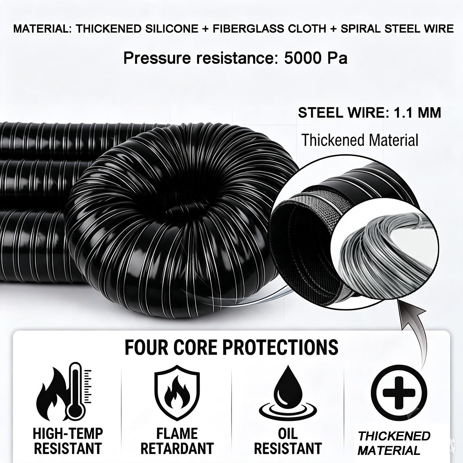 Tubo Flessibile Silicone 200mm Aspirazione Aria E Fumi | Fascette SUS | Fibra Vetro Siliconata | Rinforzo Filo D'acciaio | Rimozione Fumi Efficace(L2m/6.6FT,Id(A)/45mm/17.7in)