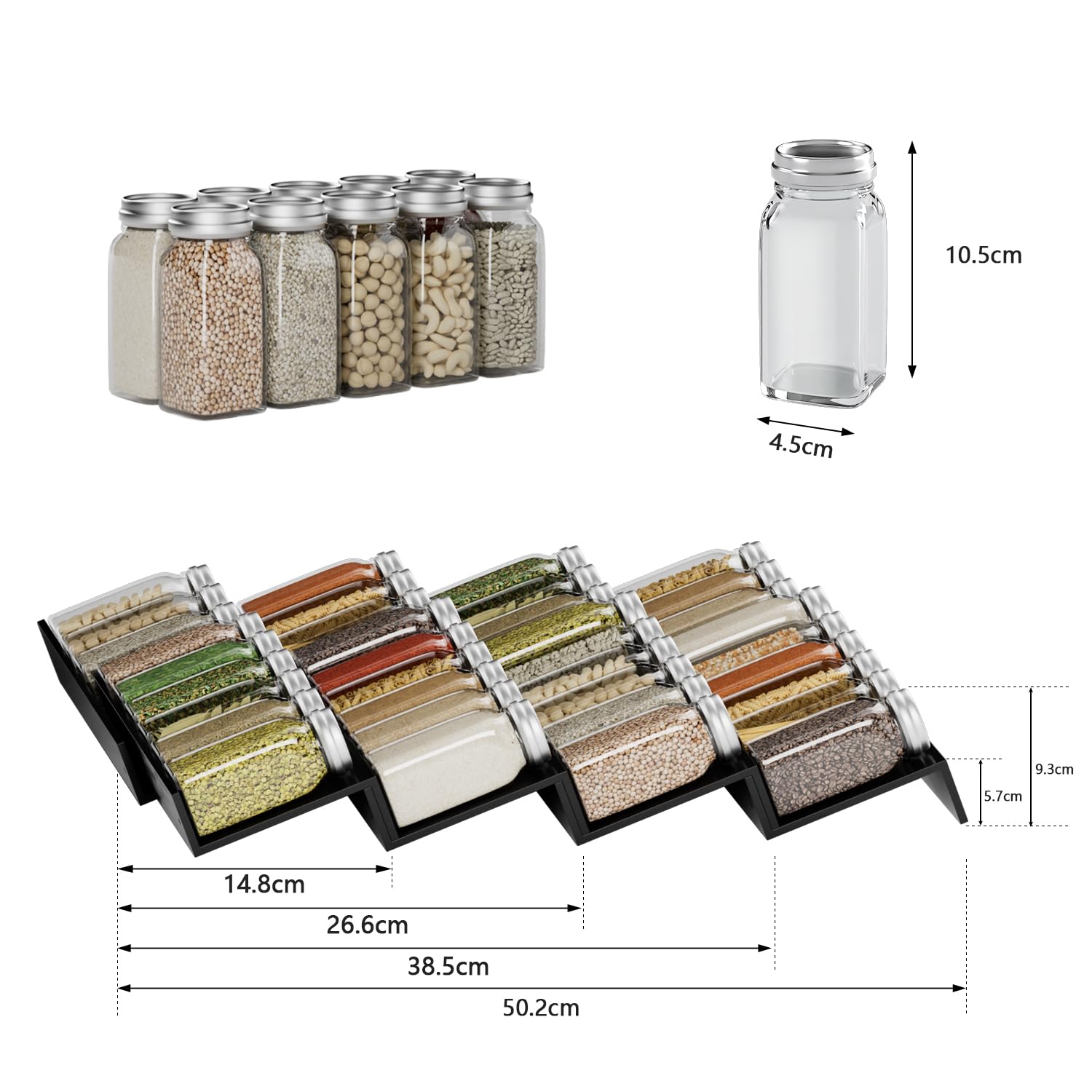 Lot de 8 étagères à épices de tiroir - Système de rangement extensible de 30 cm à 60 cm - Pour cuisine, armoire, plan de travail - Noir