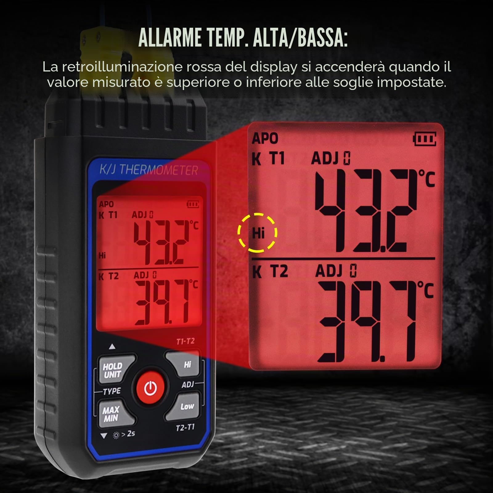 Termómetro K/J de doble canal con 4 sondas y 2 abrazaderas para tubos: de -200 °C a 1372 °C (de -328 °F a 2501 °F), alarma y retroiluminación. Ideal para herramientas de climatización (HVAC).